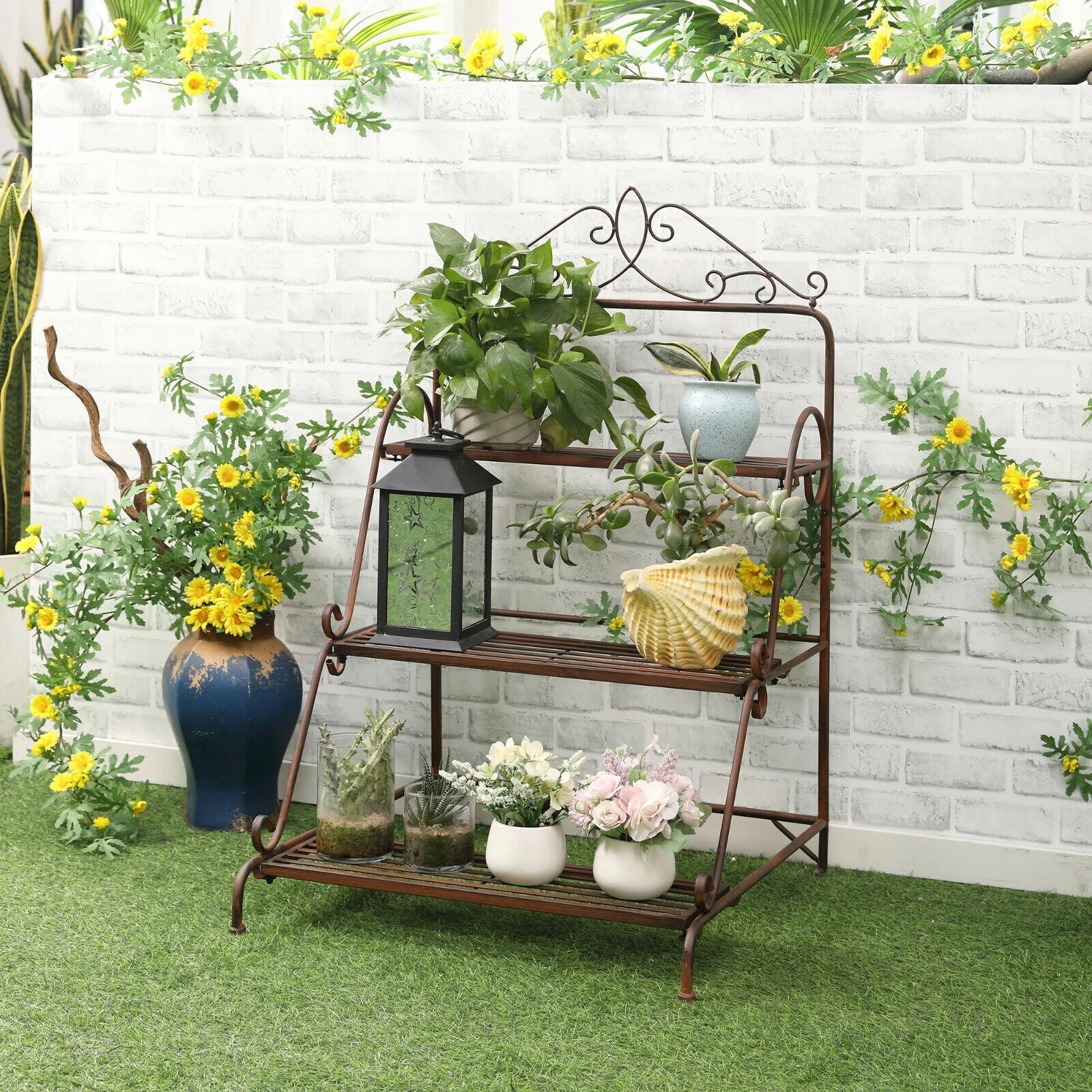 3 Tier Metal Plant Stand Flower Pot Holder Display Shelf For Indoor Outdoor - Home and Garden Furniture Shop - #rustic - furniture#