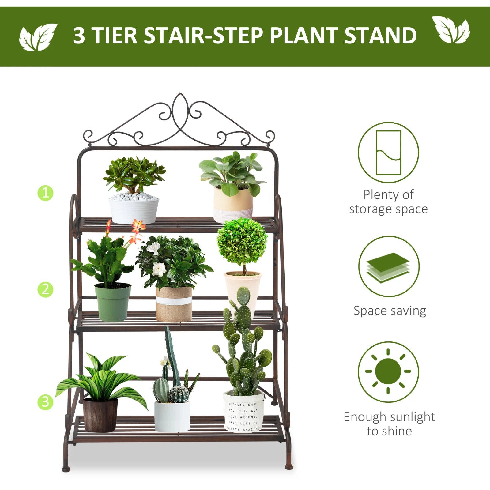 3 Tier Metal Plant Stand Flower Pot Holder Display Shelf For Indoor Outdoor - Home and Garden Furniture Shop - #rustic - furniture#