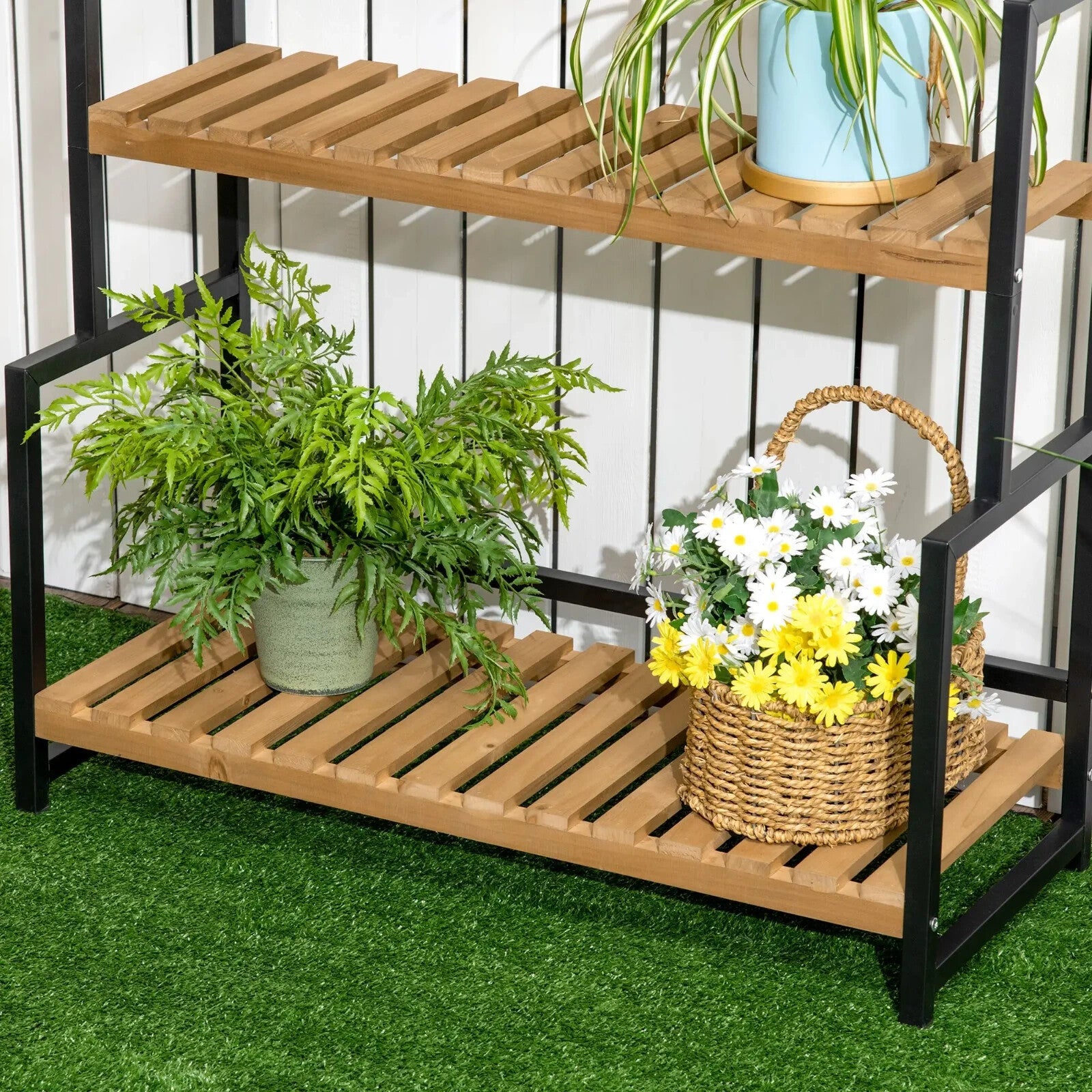 3 Tier Plant Stand w/ Hooks Indoor Outdoor Flower Rack Balcony Garden Shelf Unit - Home and Garden Furniture Shop - rustic - furniture