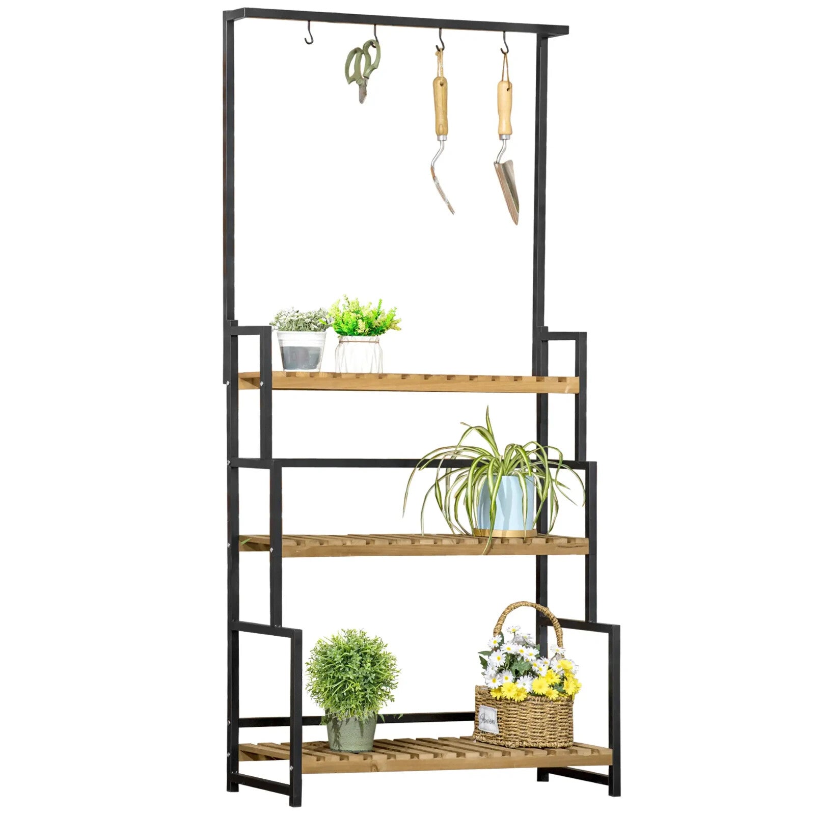 3 Tier Plant Stand w/ Hooks Indoor Outdoor Flower Rack Balcony Garden Shelf Unit - Home and Garden Furniture Shop - rustic - furniture