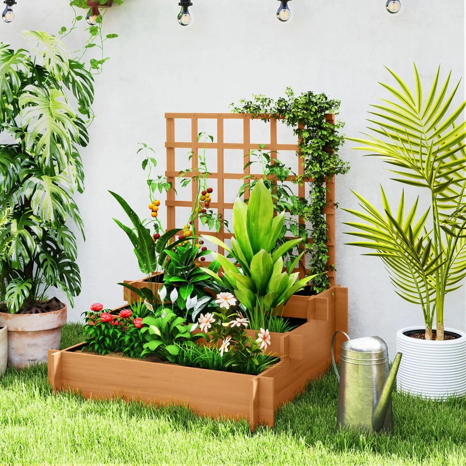 3 Tier Wooden Garden Planter With Trellis Raised Beds Outdoor For Climbing Plant - Home and Garden Furniture Shop - #rustic - furniture#