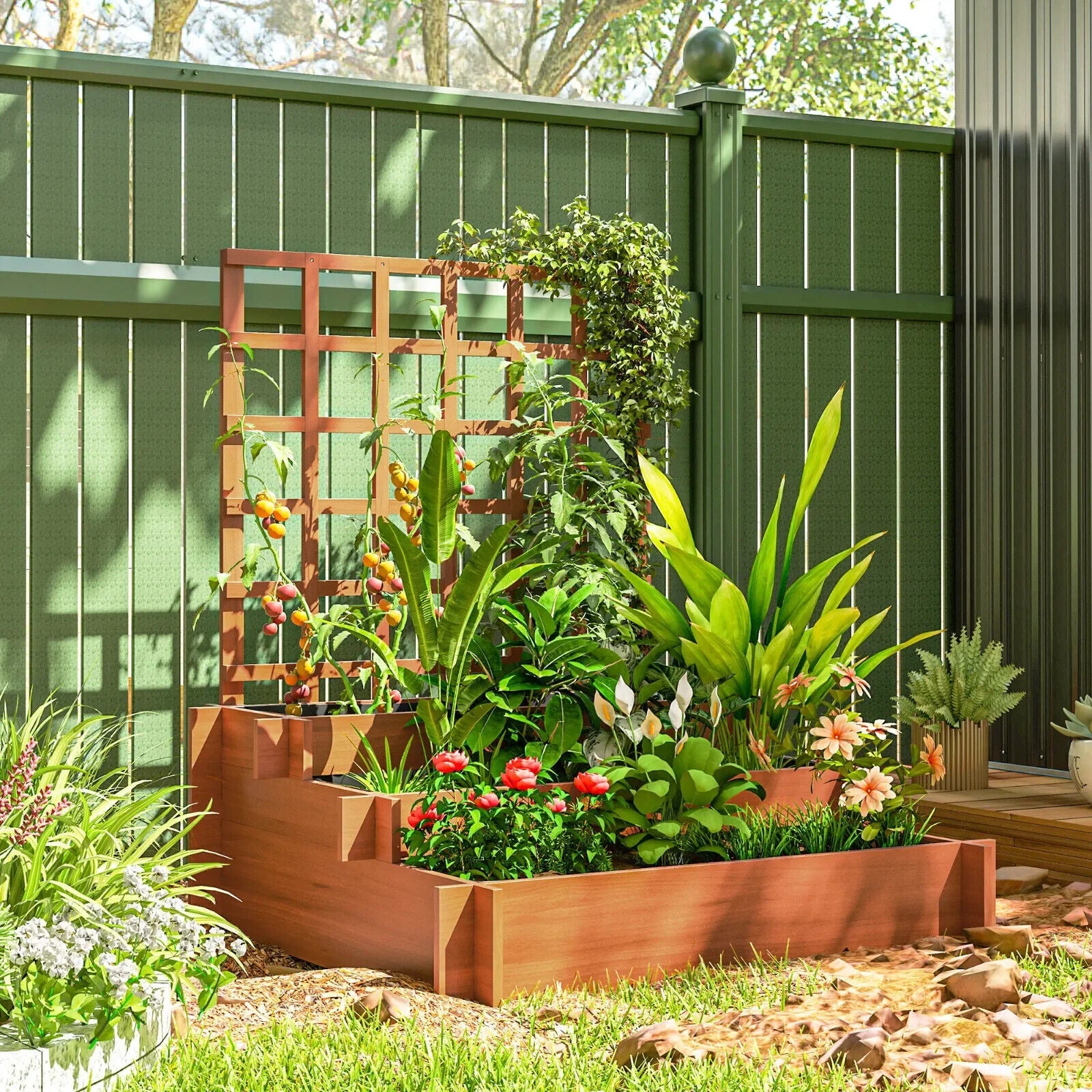 3 Tier Wooden Garden Planter With Trellis Raised Beds Outdoor For Climbing Plant - Home and Garden Furniture Shop - #rustic - furniture#