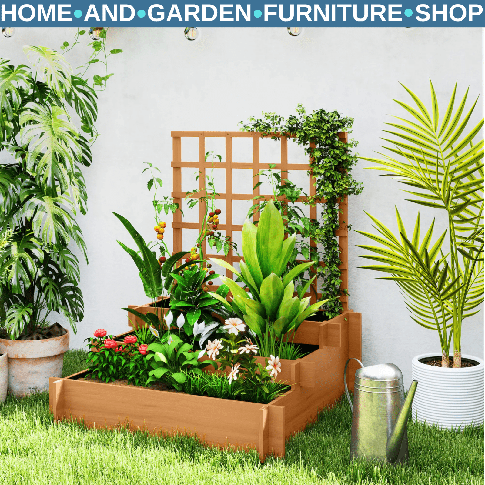 3 Tier Wooden Garden Planter With Trellis Raised Beds Outdoor For Climbing Plant - Home and Garden Furniture Shop - #rustic - furniture#