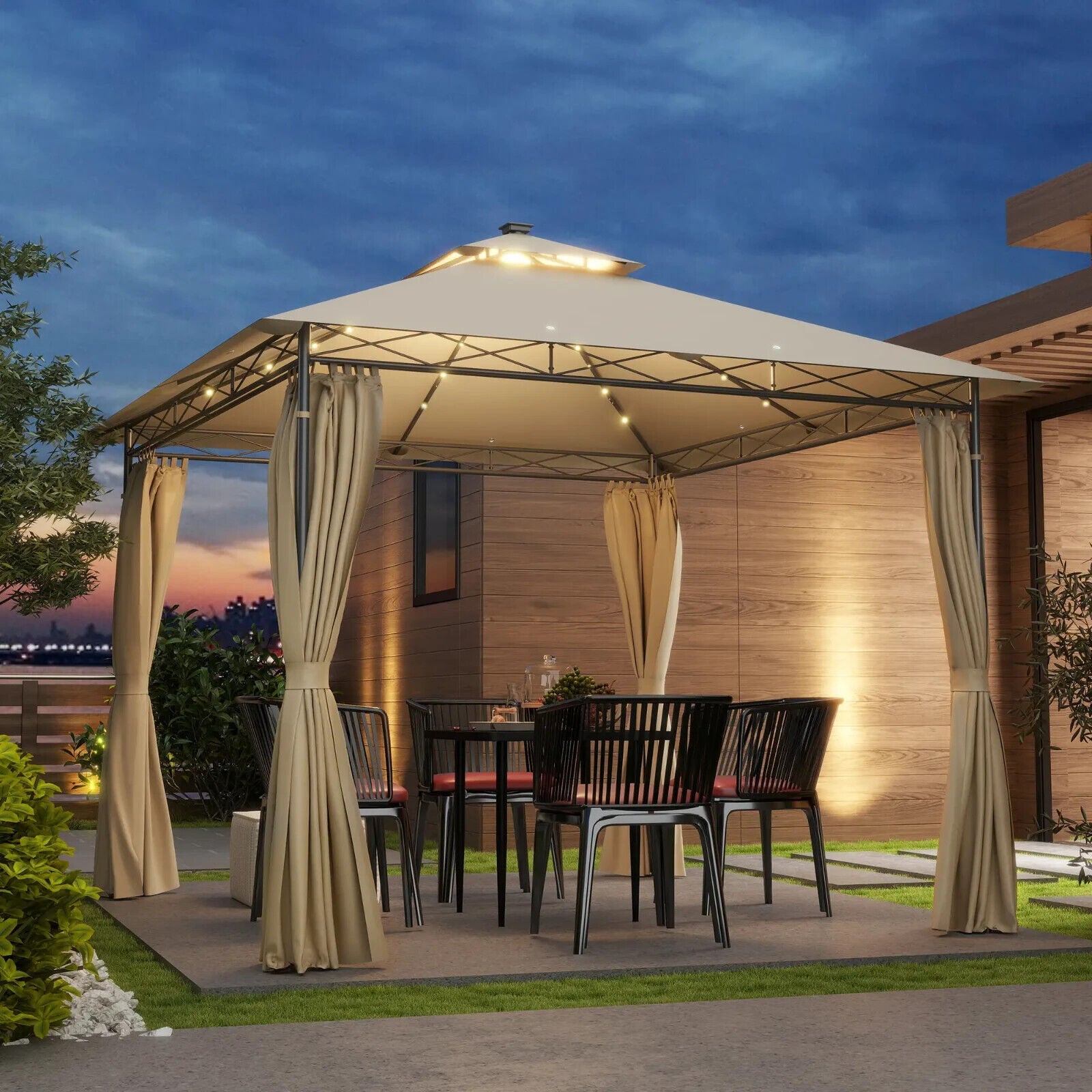 3 x 3 m Double Roof Outdoor Gazebo with Side Curtains Garden Patio Shelter Beige - Home and Garden Furniture Shop - #rustic - furniture#