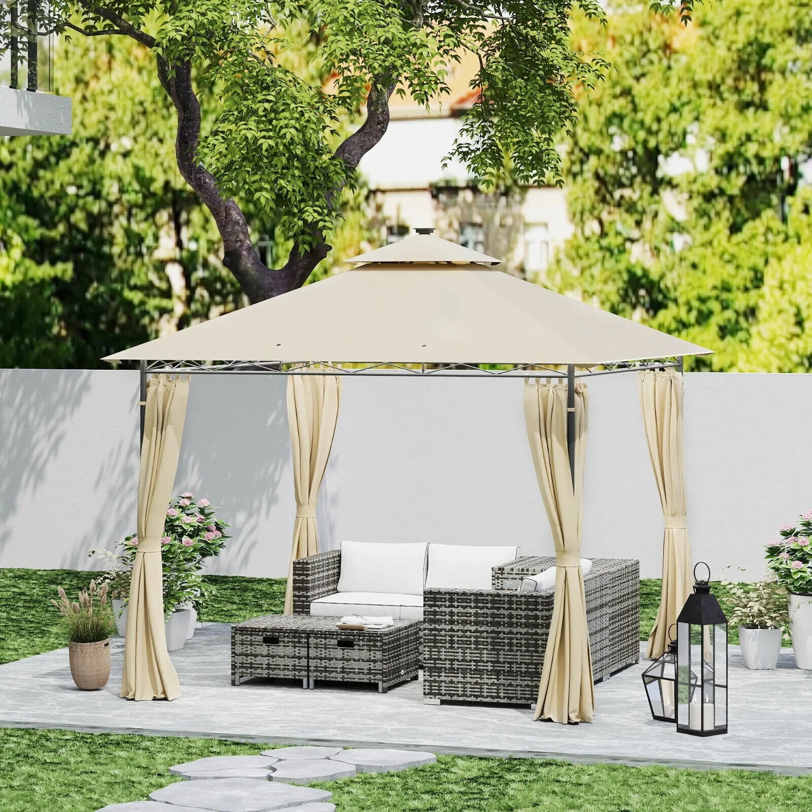 3 x 3 m Double Roof Outdoor Gazebo with Side Curtains Garden Patio Shelter Beige - Home and Garden Furniture Shop - #rustic - furniture#