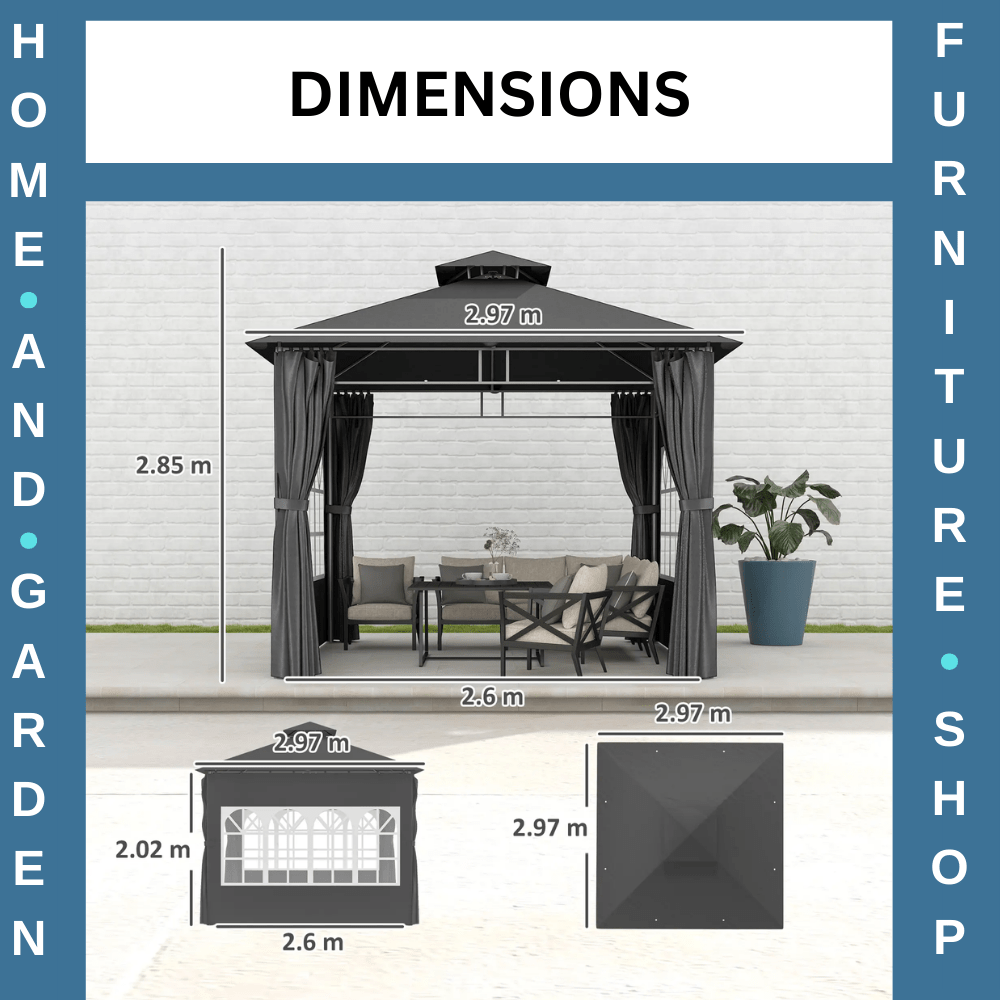 3 x 3 m Garden Metal Gazebo with Double Roof and Removable Sidewalls Dark Grey - Home and Garden Furniture Shop - rustic - furniture