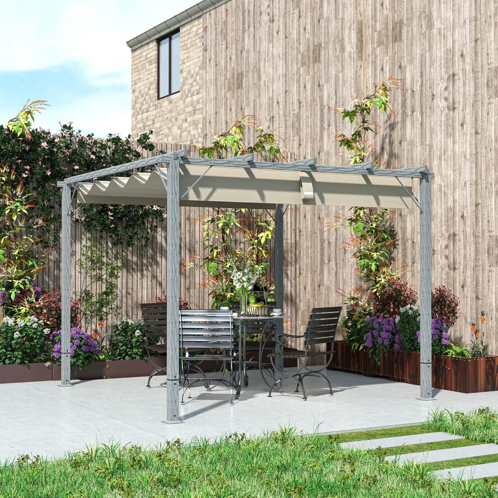 3 x 3 m Garden Pergola with Retractable Roof Canopy Aluminium Frame Gazebo Kit - Home and Garden Furniture Shop - #rustic - furniture#