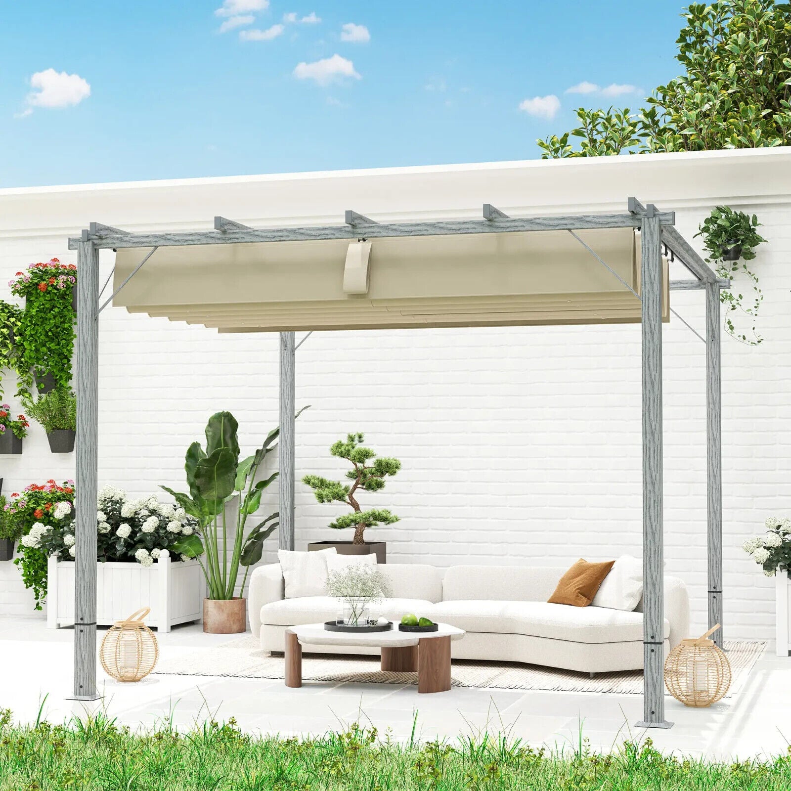3 x 3 m Garden Pergola with Retractable Roof Canopy Aluminium Frame Gazebo Kit - Home and Garden Furniture Shop - #rustic - furniture#