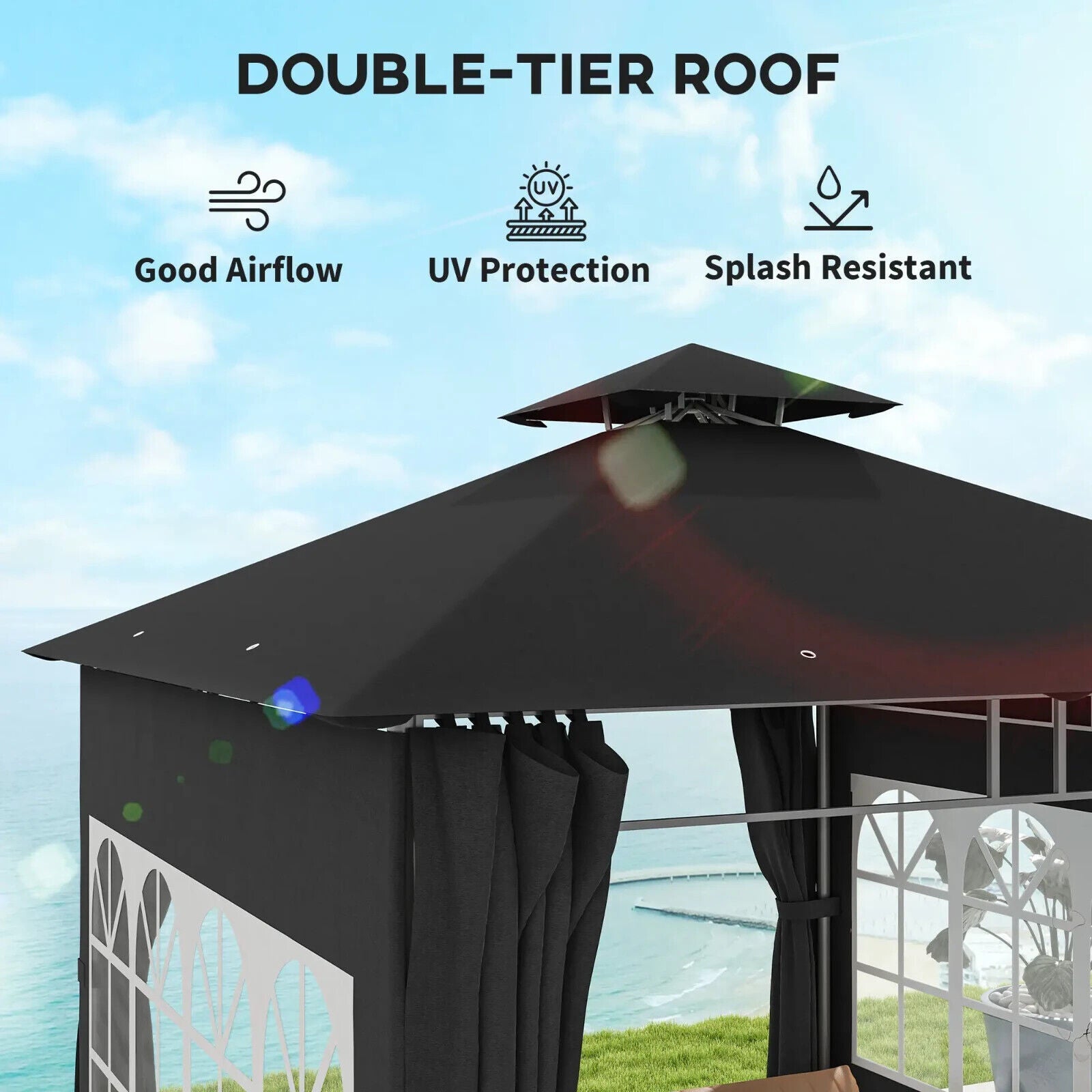 3 x 3 m Metal Gazebo with Double Roof and Removable Side Panels for Garden Black - Home and Garden Furniture Shop - #rustic - furniture#