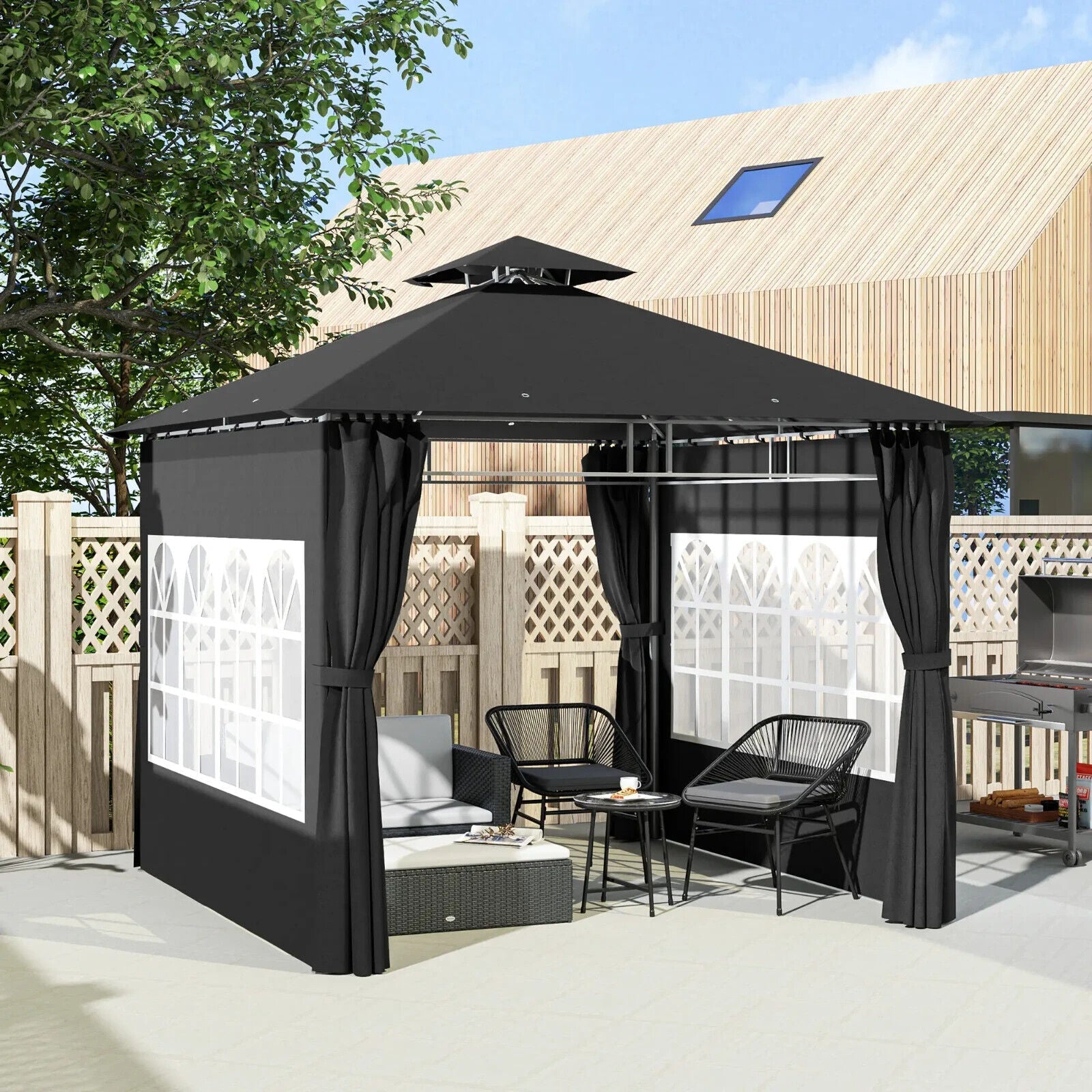3 x 3 m Metal Gazebo with Double Roof and Removable Side Panels for Garden Black - Home and Garden Furniture Shop - #rustic - furniture#