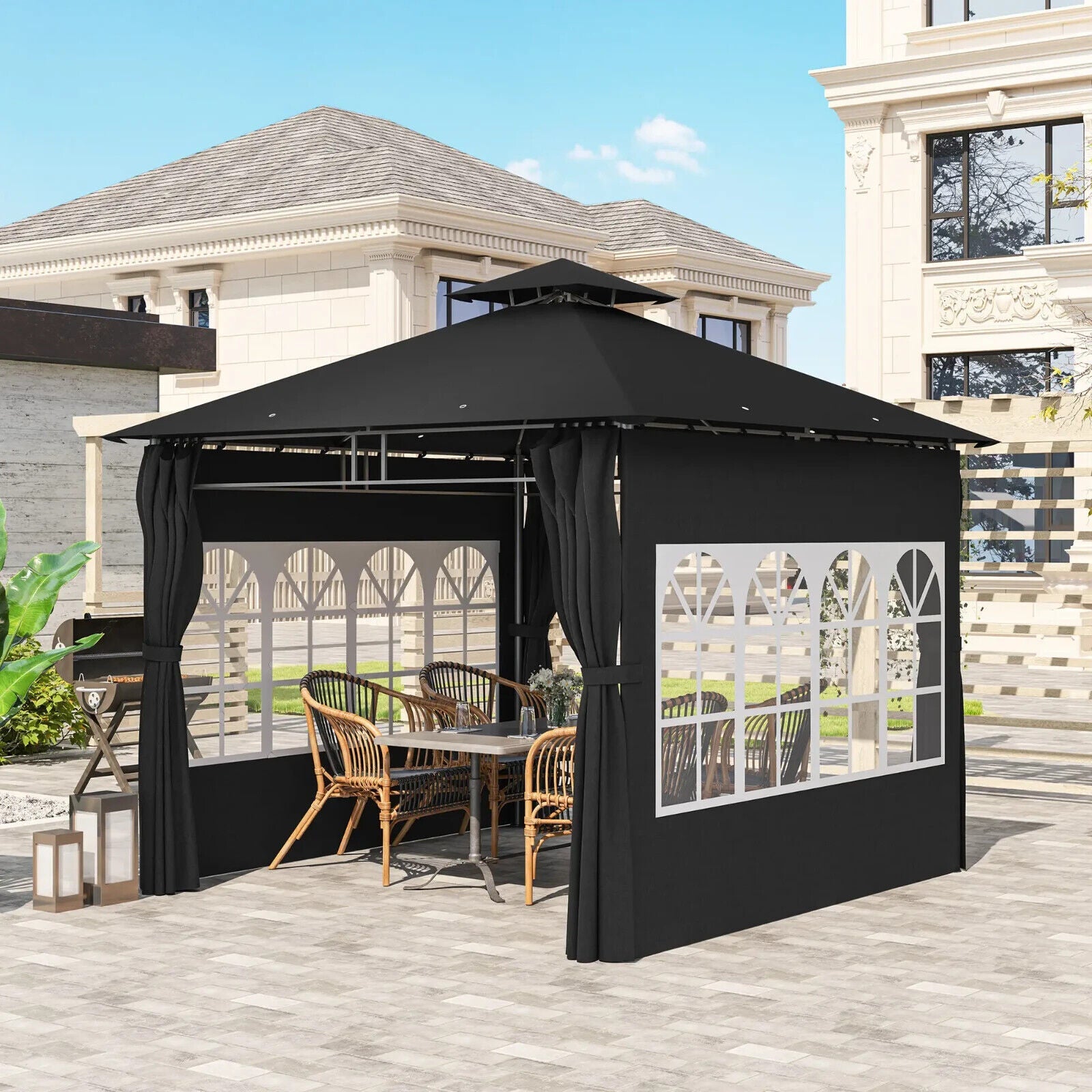 3 x 3 m Metal Gazebo with Double Roof and Removable Side Panels for Garden Black - Home and Garden Furniture Shop - #rustic - furniture#