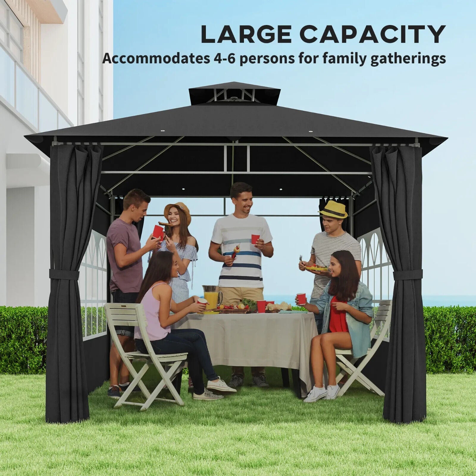 3 x 3 m Metal Gazebo with Double Roof and Removable Side Panels for Garden Black - Home and Garden Furniture Shop - #rustic - furniture#