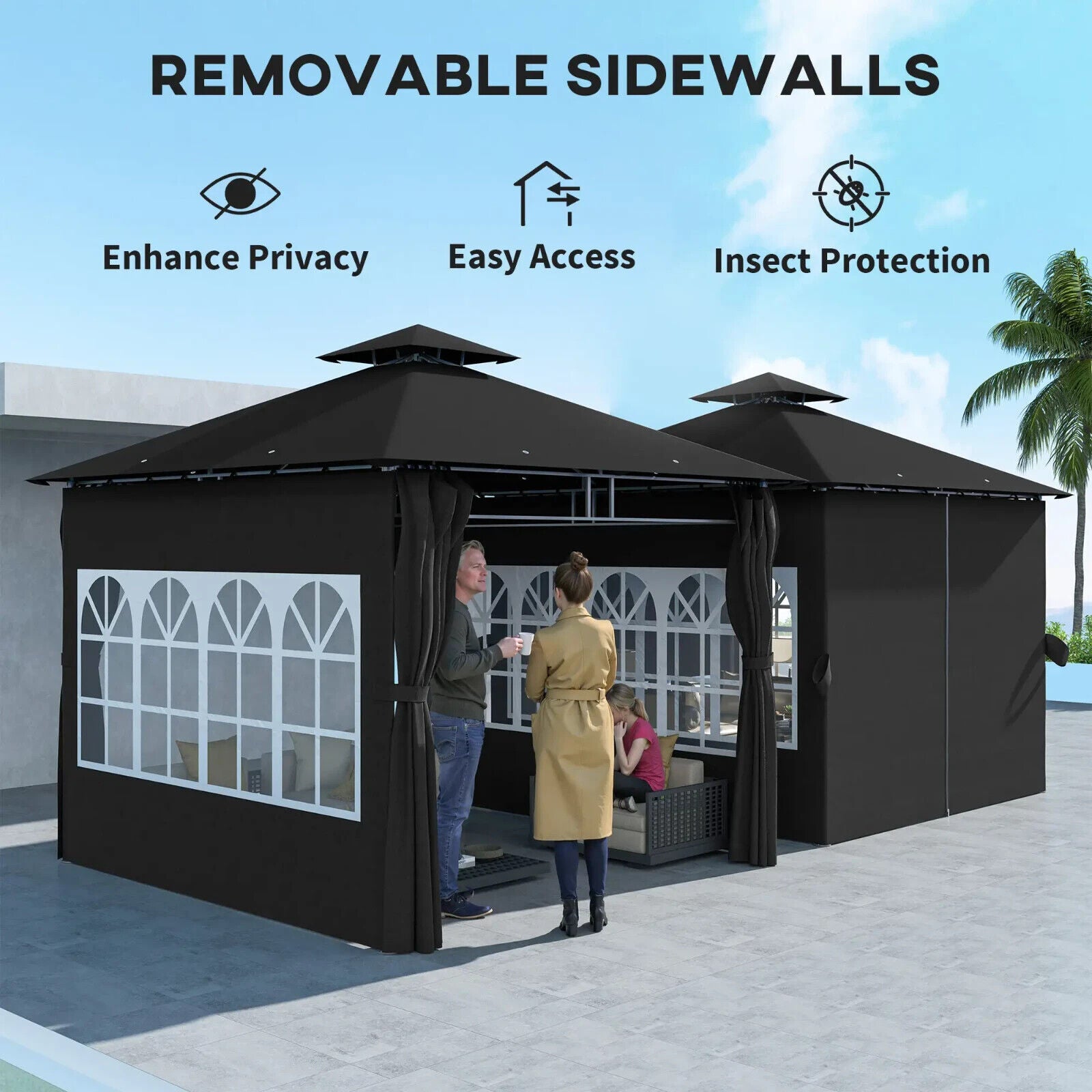3 x 3 m Metal Gazebo with Double Roof and Removable Side Panels for Garden Black - Home and Garden Furniture Shop - #rustic - furniture#