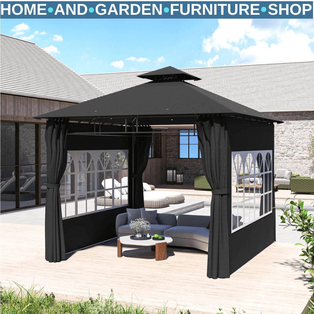 3 x 3 m Metal Gazebo with Double Roof and Removable Side Panels for Garden Black - Home and Garden Furniture Shop - #rustic - furniture#