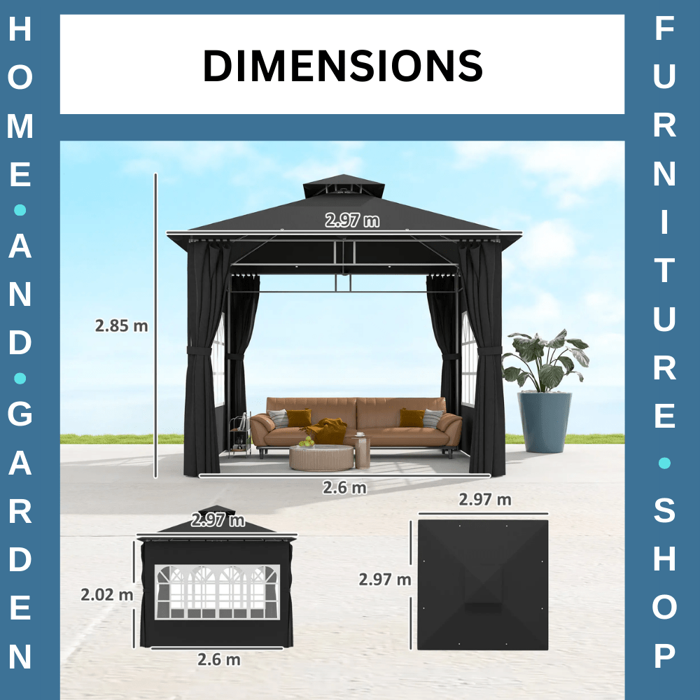 3 x 3 m Metal Gazebo with Double Roof and Removable Side Panels for Garden Black - Home and Garden Furniture Shop - #rustic - furniture#