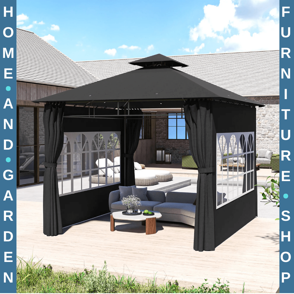 3 x 3 m Metal Gazebo with Double Roof and Removable Side Panels for Garden Black - Home and Garden Furniture Shop - #rustic - furniture#