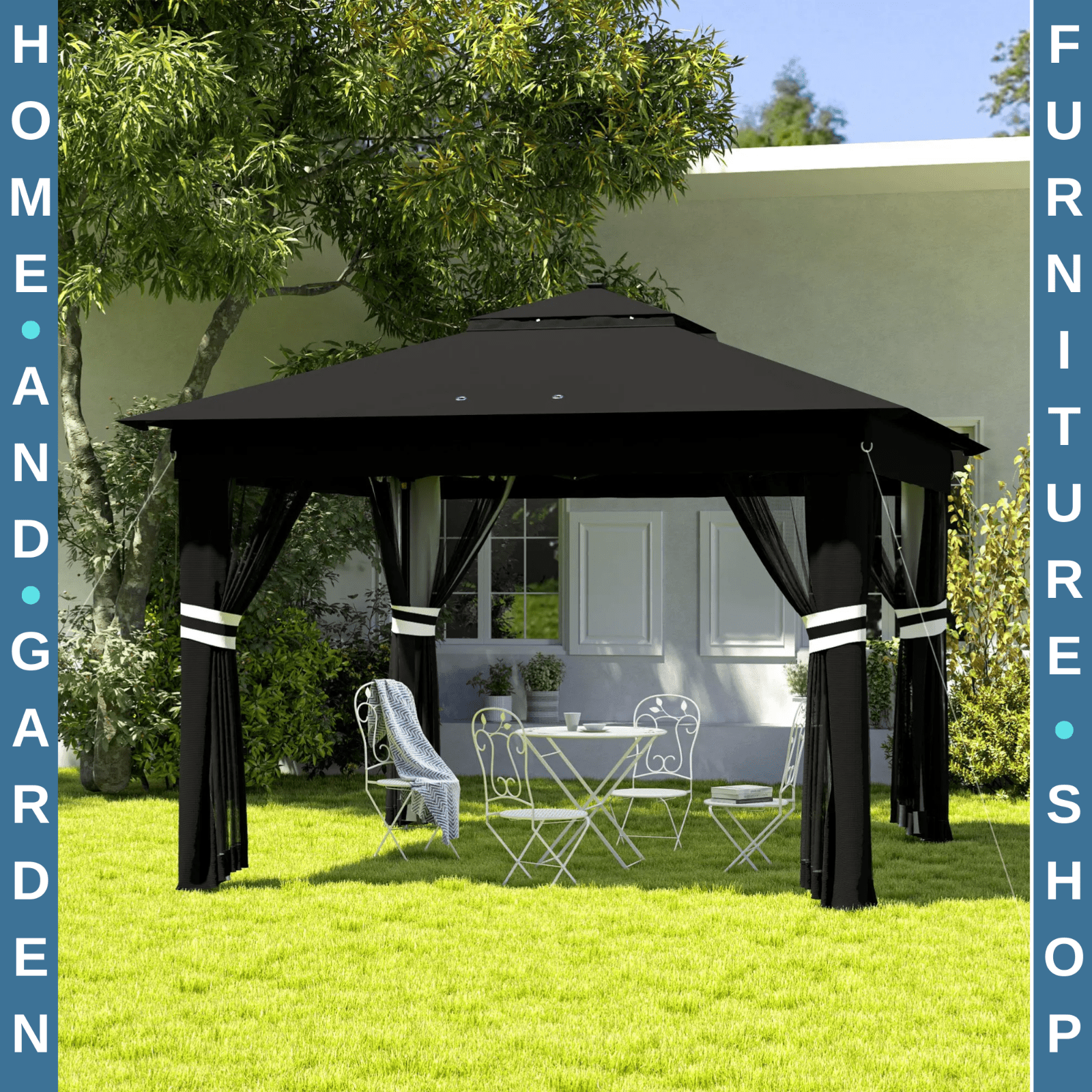 3 x 3 m Pop Up Gazebo with Sides Curtains Roof Solar LED Lights Black Party Tent - Home and Garden Furniture Shop - rustic - furniture
