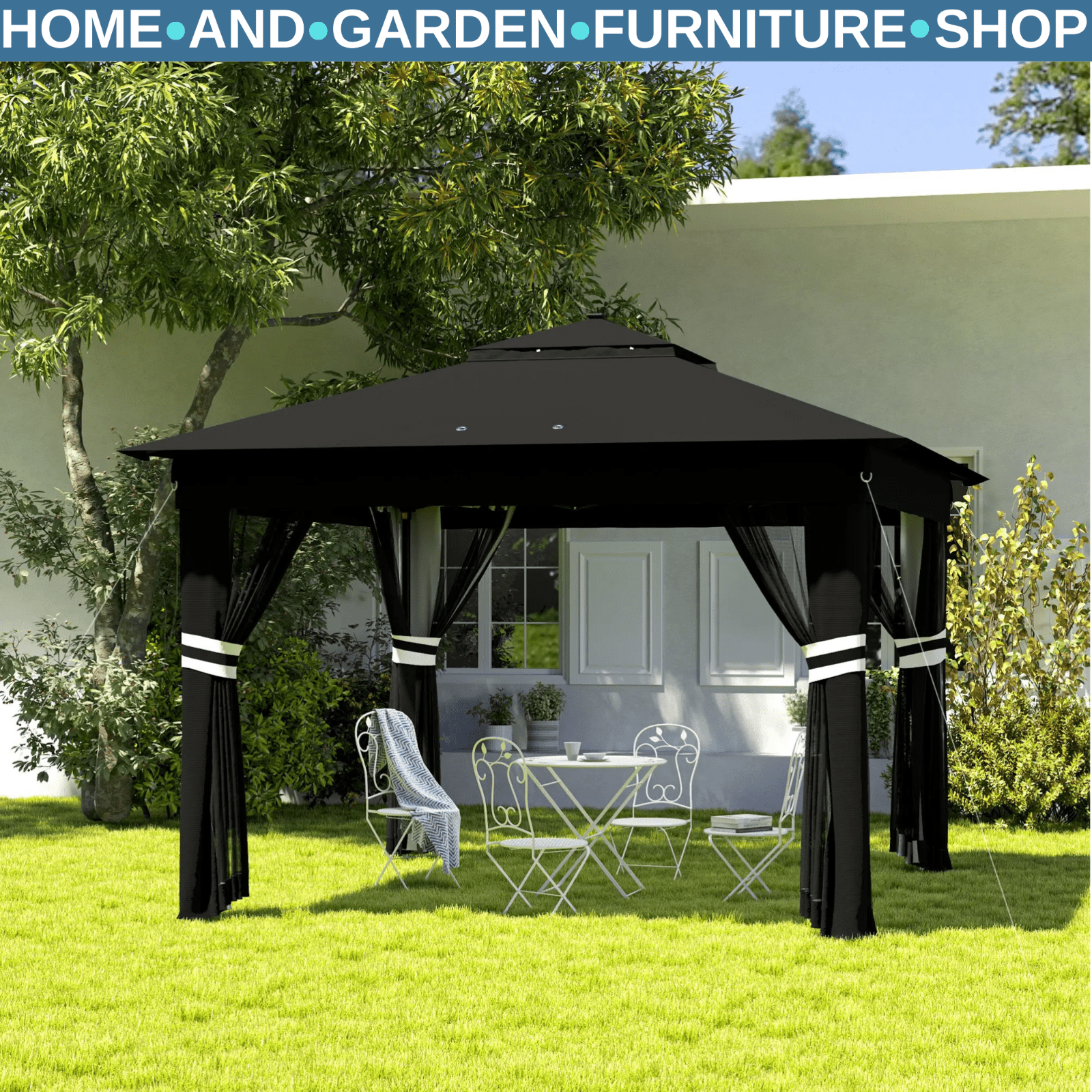 3 x 3 m Pop Up Gazebo with Sides Curtains Roof Solar LED Lights Black Party Tent - Home and Garden Furniture Shop - rustic - furniture