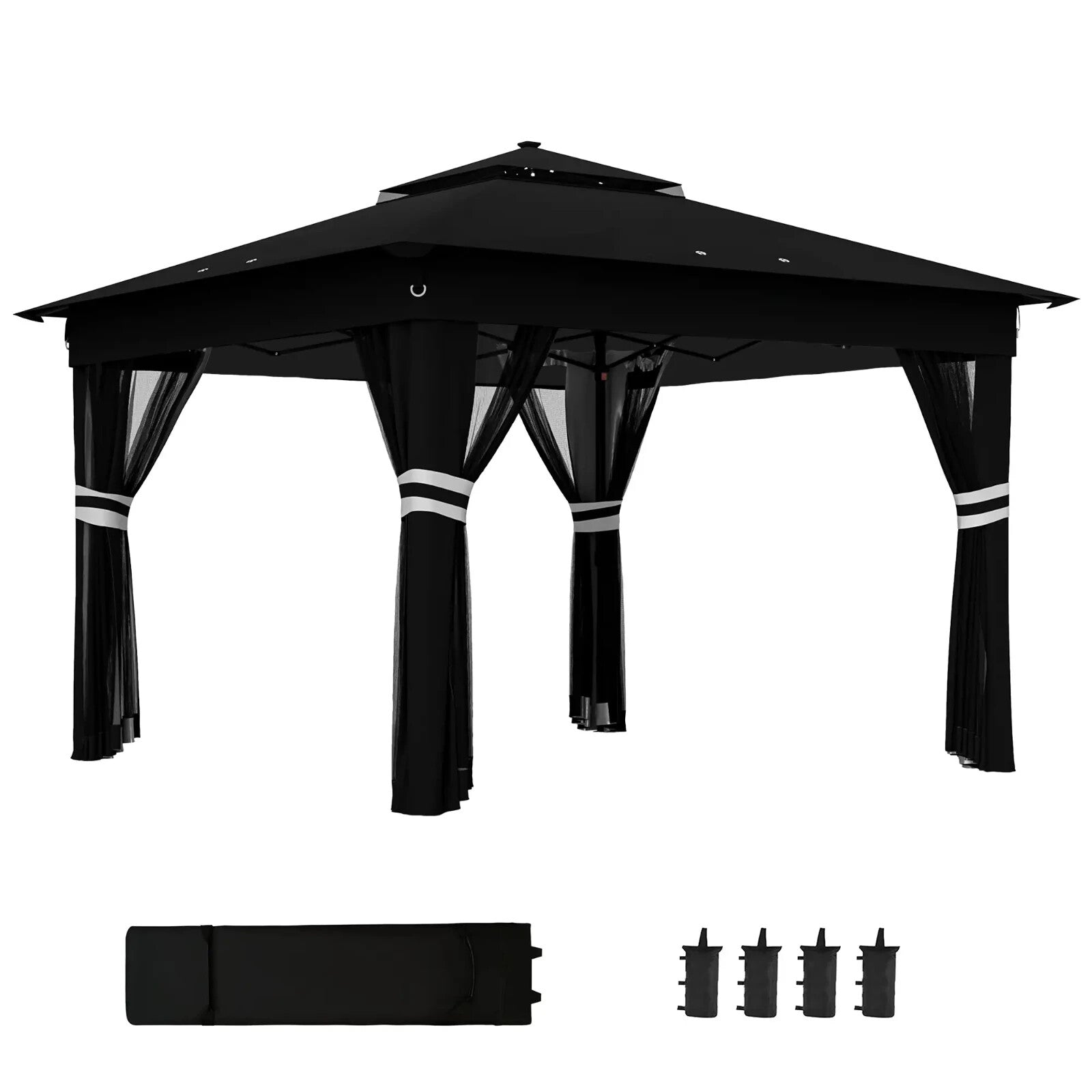 3 x 3 m Pop Up Gazebo with Sides Curtains Roof Solar LED Lights Black Party Tent - Home and Garden Furniture Shop - rustic - furniture