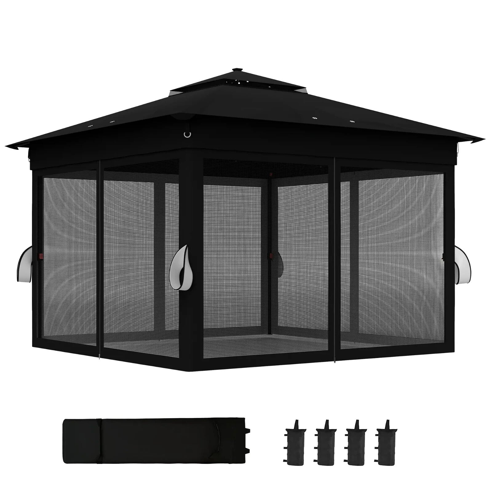 3 x 3 m Pop Up Gazebo with Sides Curtains Roof Solar LED Lights Black Party Tent - Home and Garden Furniture Shop - rustic - furniture