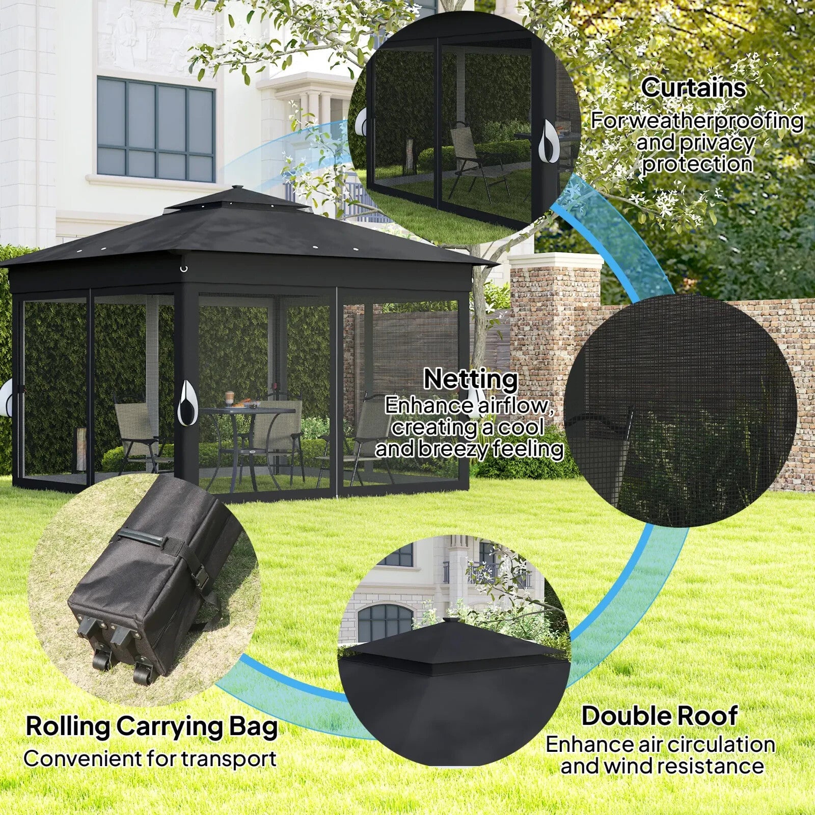 3 x 3 m Pop Up Gazebo with Sides Curtains Roof Solar LED Lights Black Party Tent - Home and Garden Furniture Shop - rustic - furniture