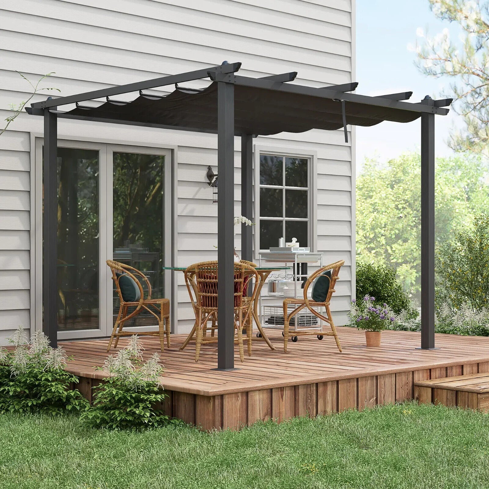 3 x 3m Aluminium Pergola with Retractable Roof - Garden Gazebo Canopy Black - Home and Garden Furniture Shop - #rustic - furniture#