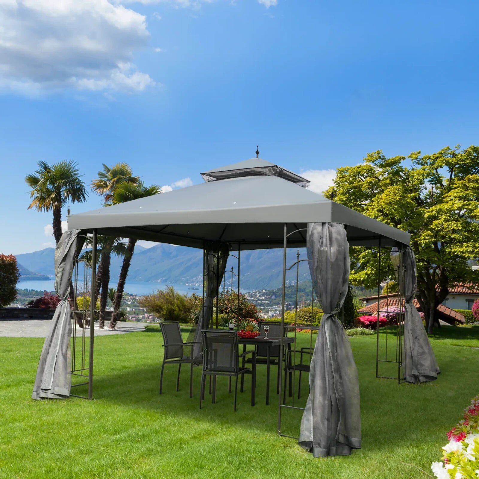 3 x 3m Garden Gazebo with Double Roof Canopy and Mesh Curtains for Outdoor Use - Home and Garden Furniture Shop - rustic - furniture