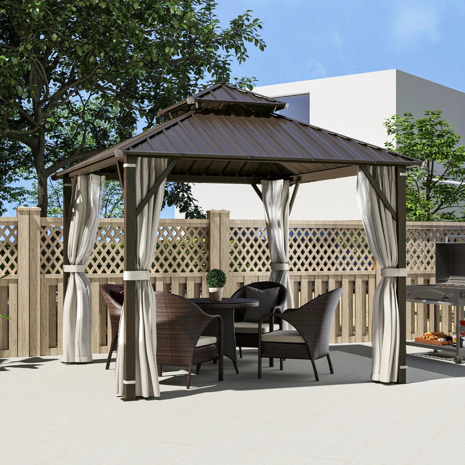 3 x 3m Hardtop Garden Gazebo with Curtains Double Roof Waterproof Patio Pavilion - Home and Garden Furniture Shop - rustic - furniture