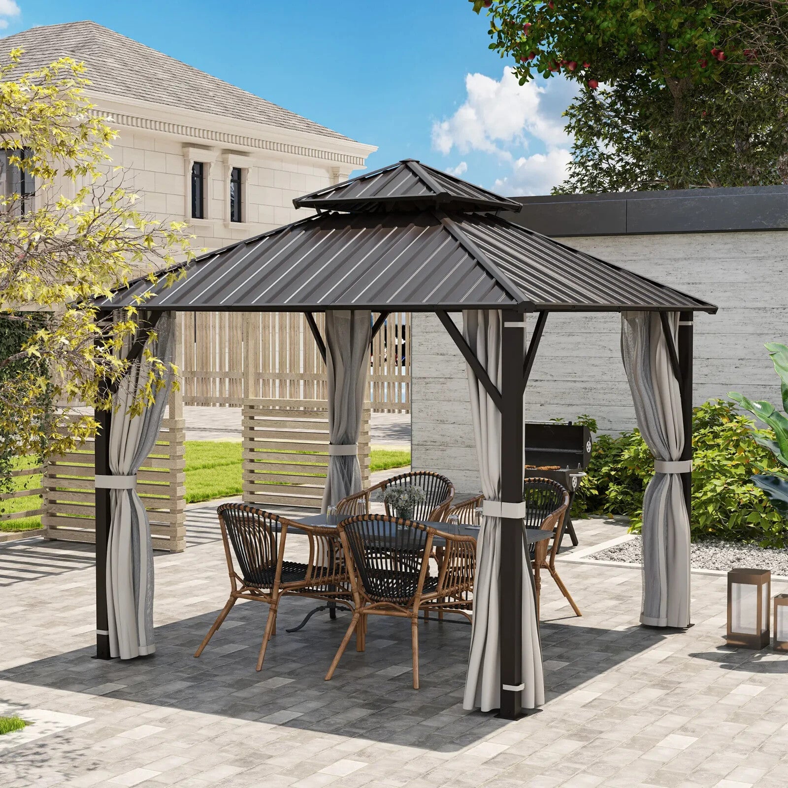3 x 3m Hardtop Garden Gazebo with Curtains Double Roof Waterproof Patio Pavilion - Home and Garden Furniture Shop - rustic - furniture