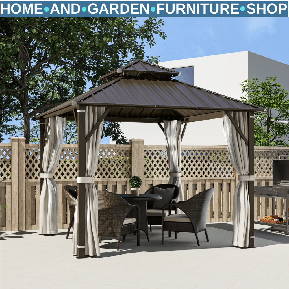 3 x 3m Hardtop Garden Gazebo with Curtains Double Roof Waterproof Patio Pavilion - Home and Garden Furniture Shop - rustic - furniture