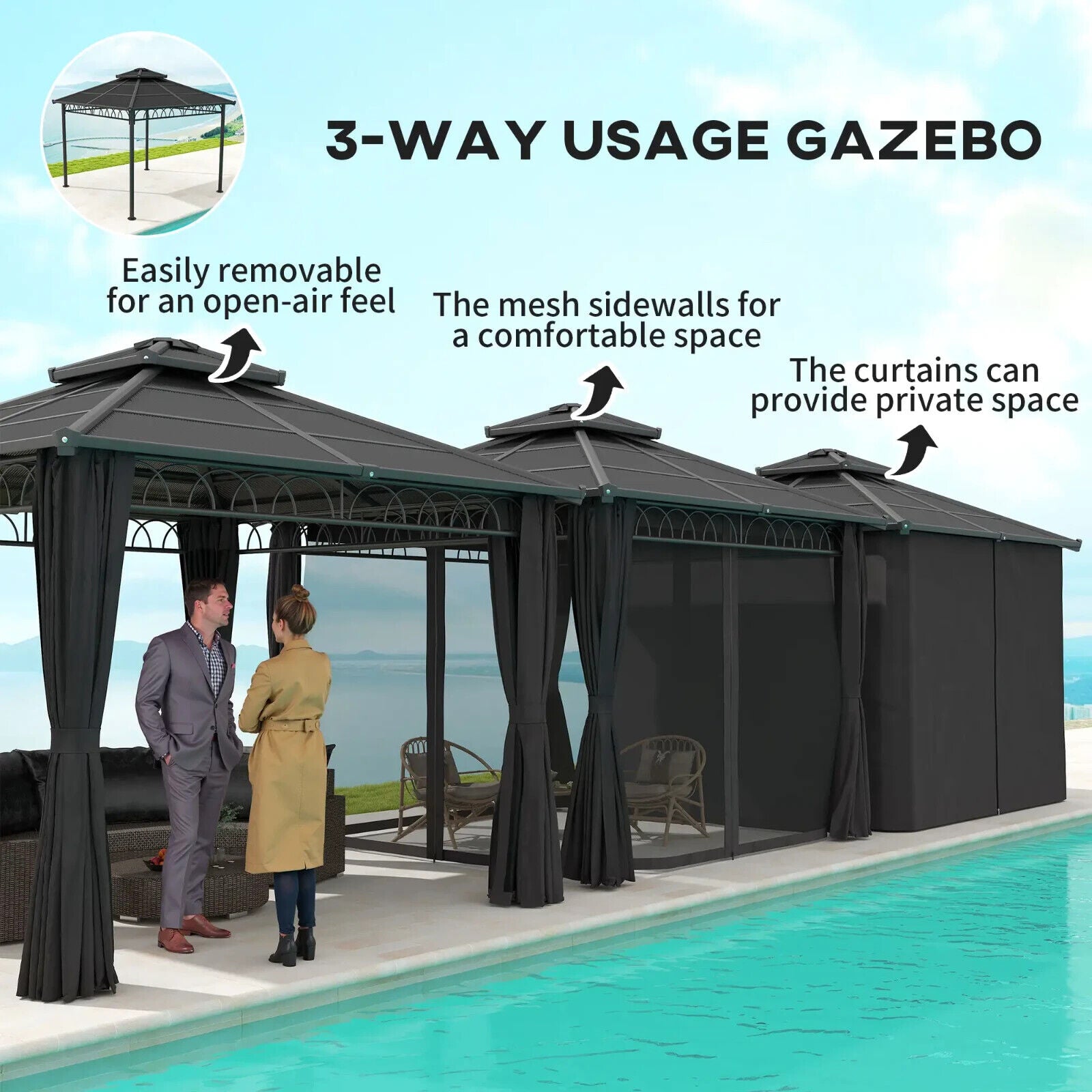 3 x 3m Hardtop Gazebo Double Roof Netting Curtains Garden Patio Sun Shelter Grey - Home and Garden Furniture Shop - #rustic - furniture#