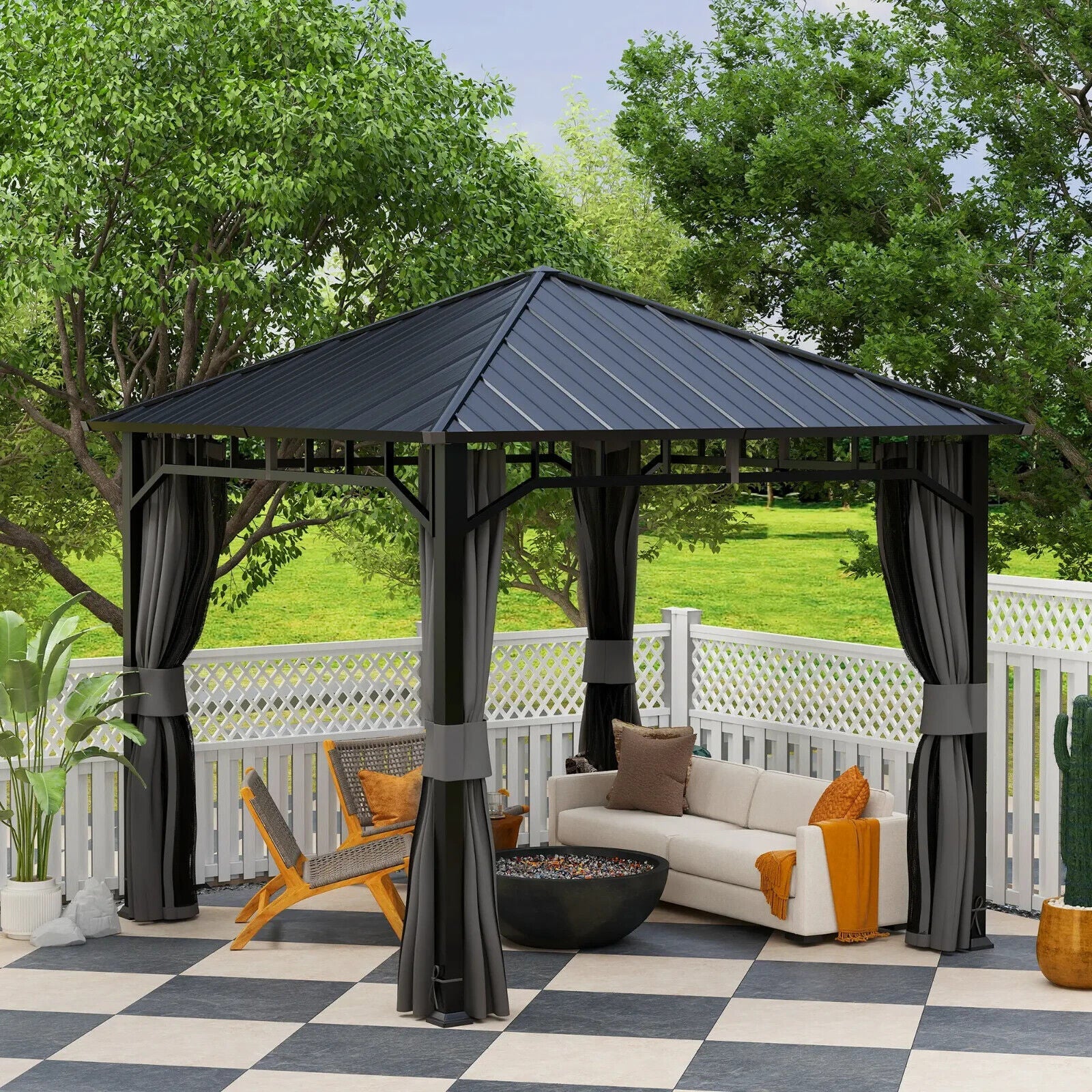 3 x 3m Hardtop Gazebo Galvanised Steel Roof and Sides Curtains Patio Sun Shelter - Home and Garden Furniture Shop - #rustic - furniture#