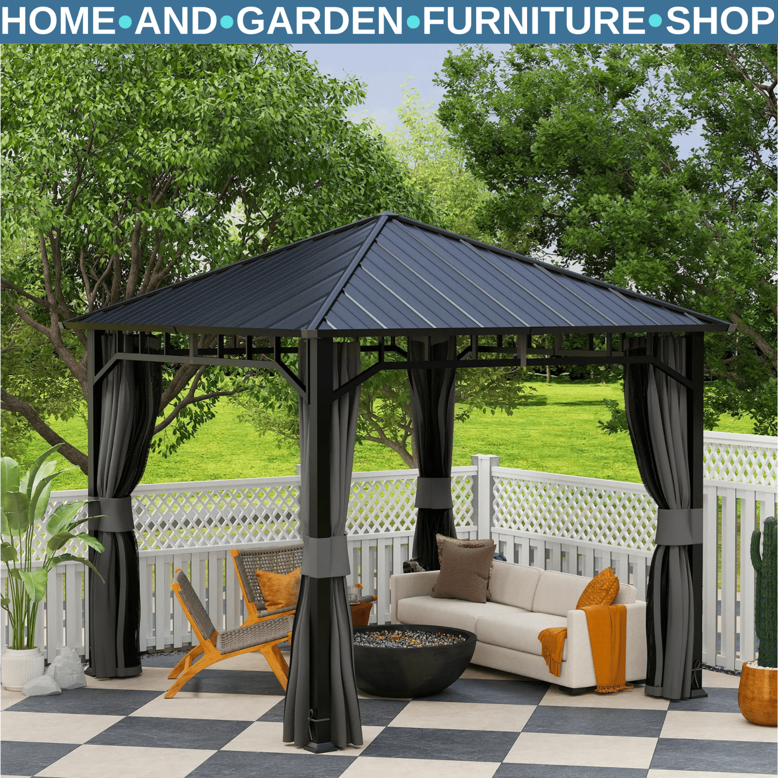 3 x 3m Hardtop Gazebo Galvanised Steel Roof and Sides Curtains Patio Sun Shelter - Home and Garden Furniture Shop - #rustic - furniture#