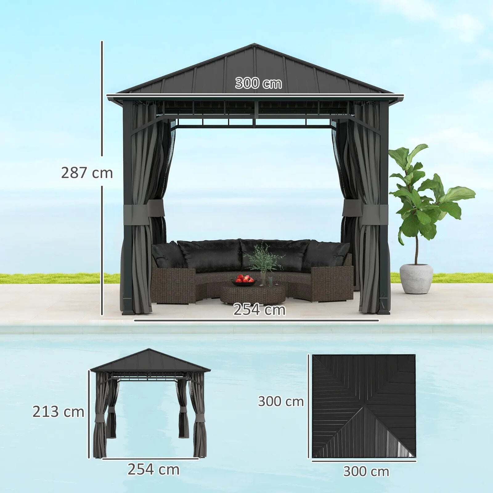 3 x 3m Hardtop Gazebo Galvanised Steel Roof and Sides Curtains Patio Sun Shelter - Home and Garden Furniture Shop - #rustic - furniture#