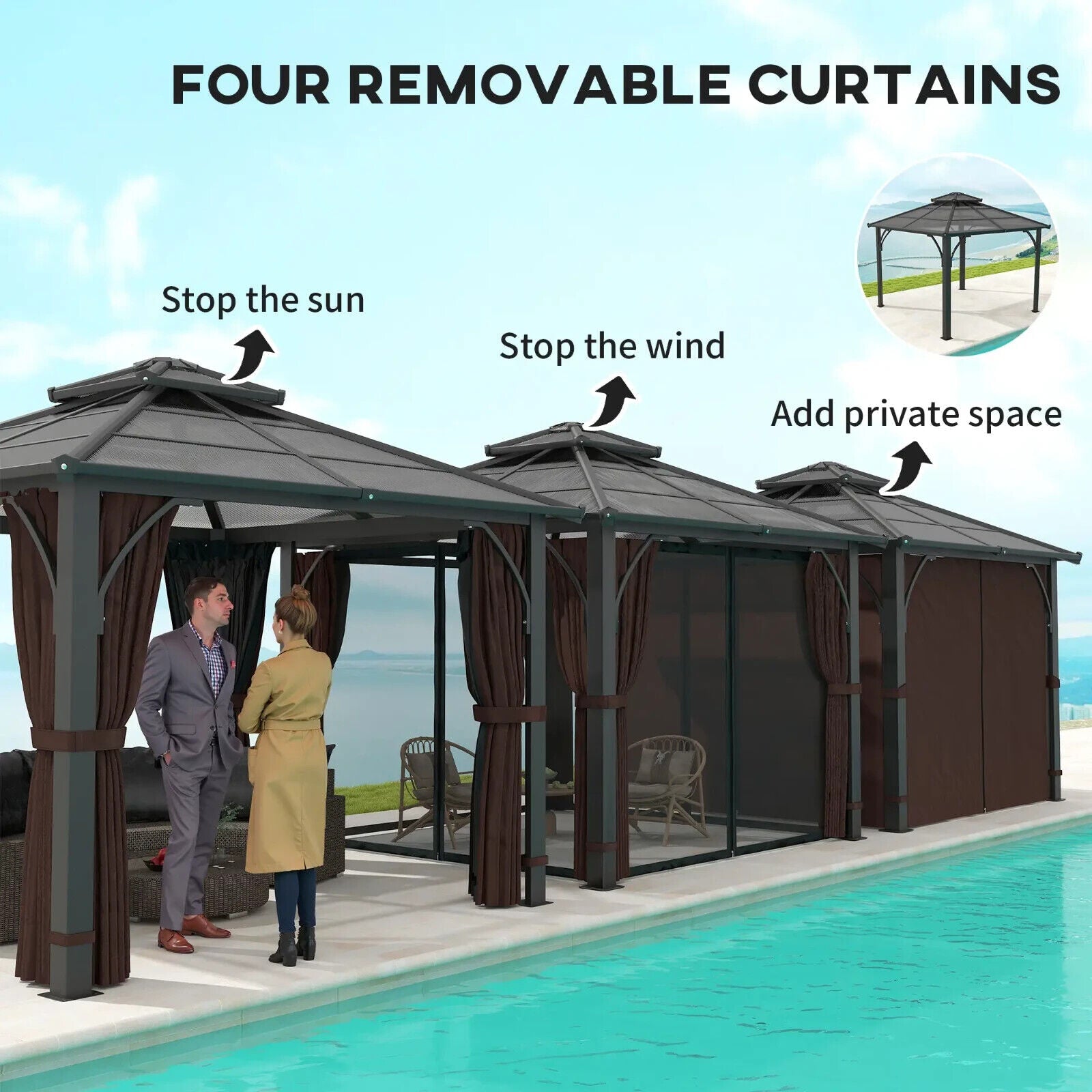 3 x 3m Hardtop Gazebo Polycarbonate Roof Sides Curtains Garden Pavilion Brown - Home and Garden Furniture Shop - #rustic - furniture#