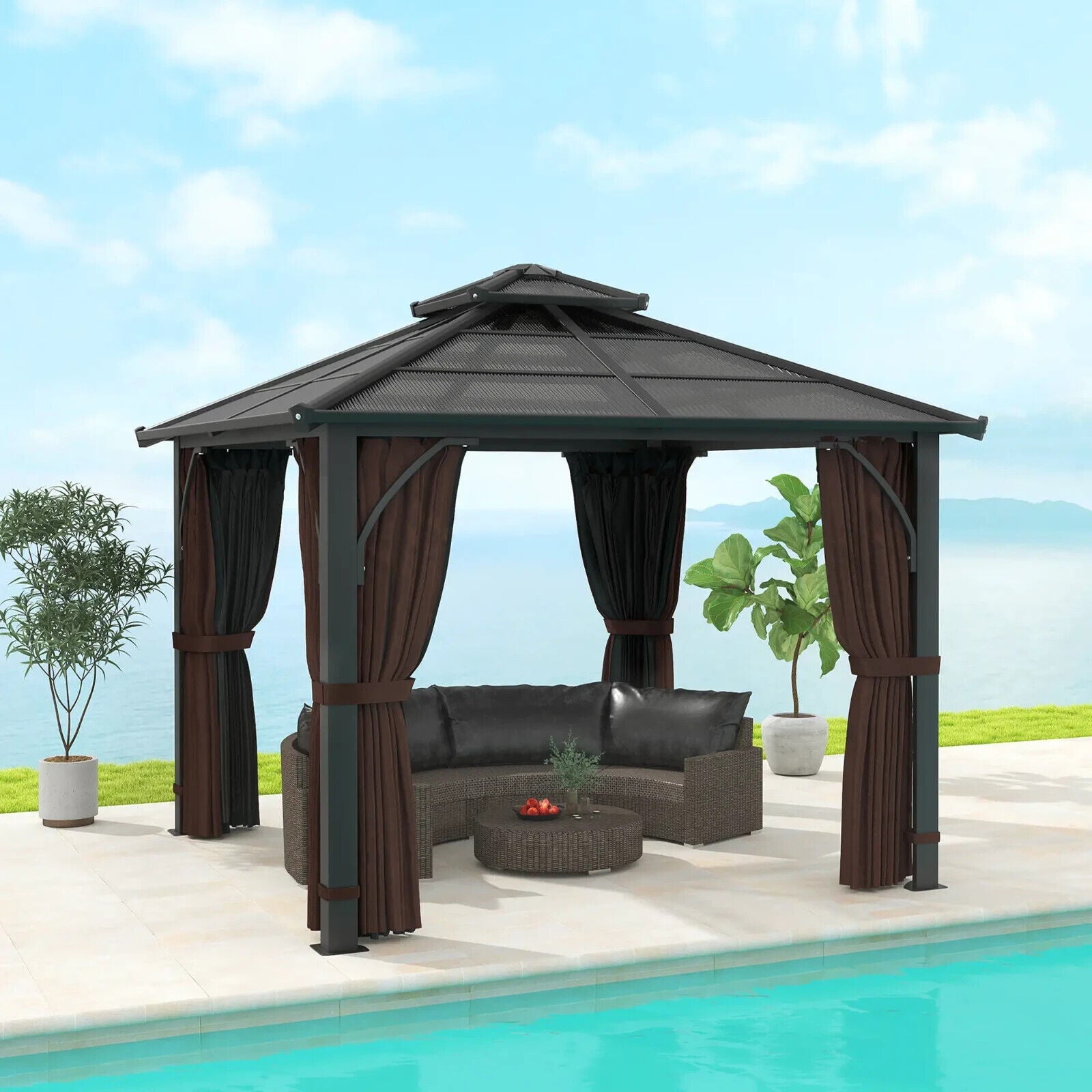 3 x 3m Hardtop Gazebo Polycarbonate Roof Sides Curtains Garden Pavilion Brown - Home and Garden Furniture Shop - #rustic - furniture#