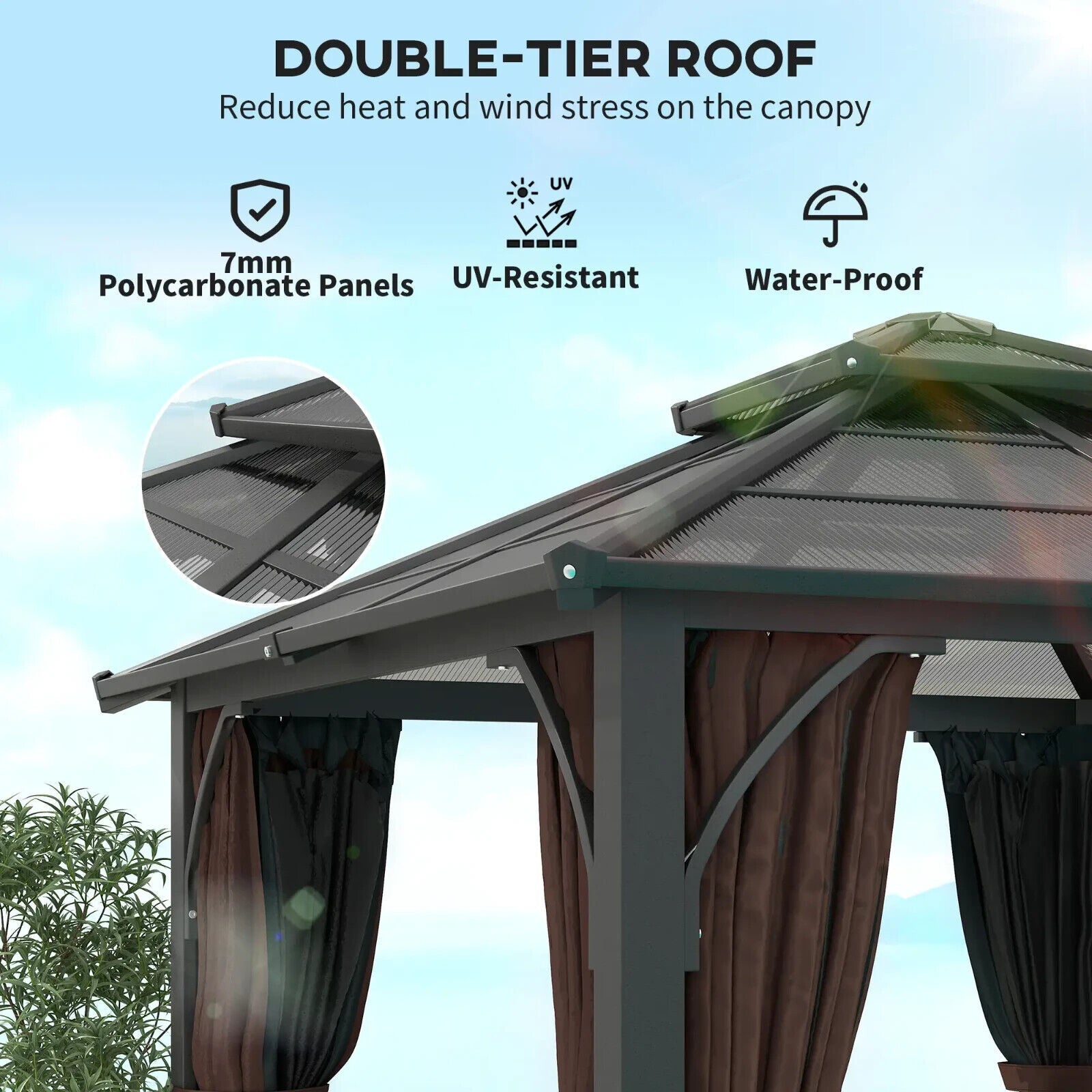 3 x 3m Hardtop Gazebo Polycarbonate Roof Sides Curtains Garden Pavilion Brown - Home and Garden Furniture Shop - #rustic - furniture#
