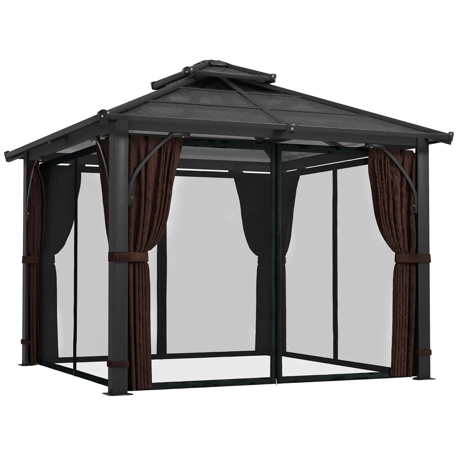 3 x 3m Hardtop Gazebo Polycarbonate Roof Sides Curtains Garden Pavilion Brown - Home and Garden Furniture Shop - #rustic - furniture#