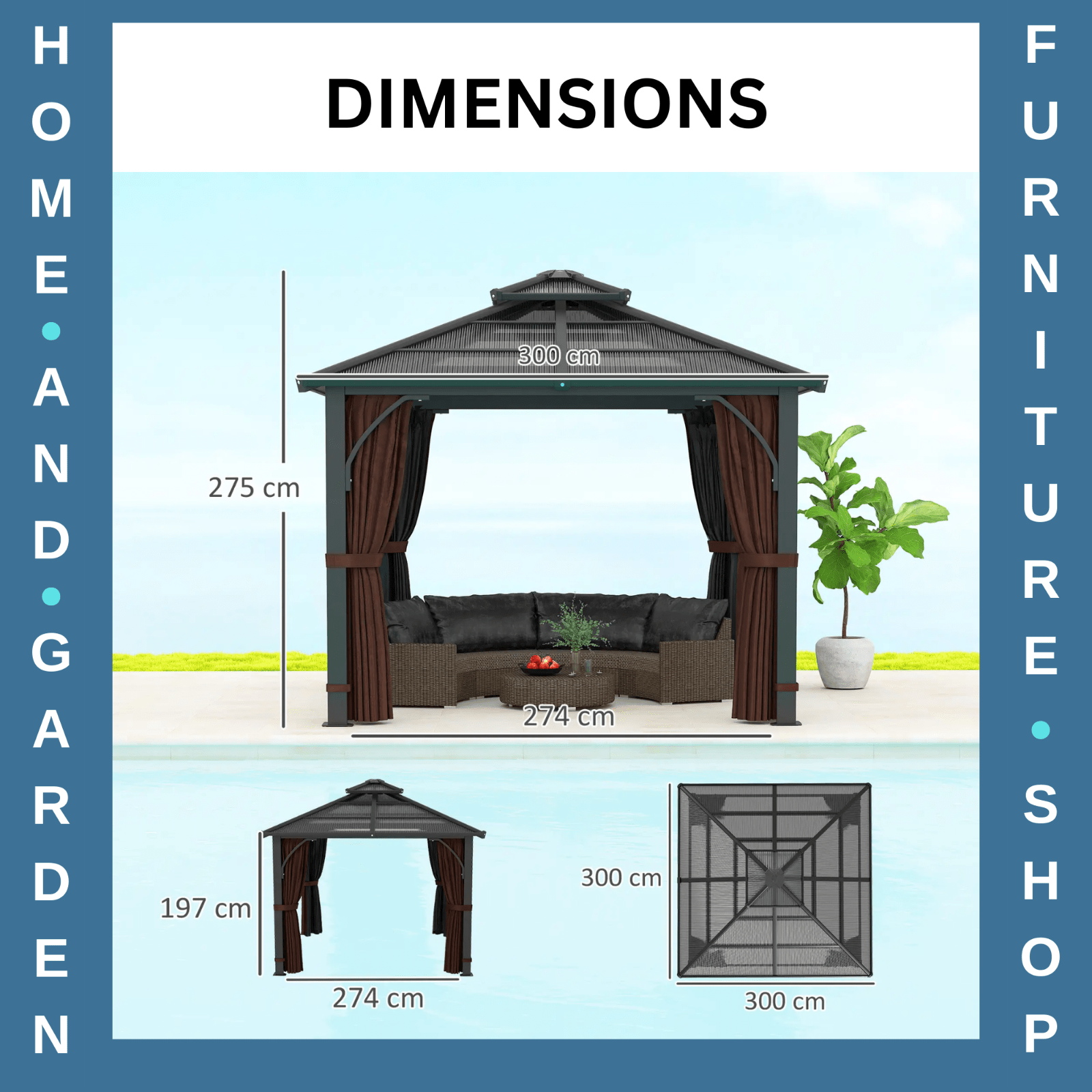 3 x 3m Hardtop Gazebo Polycarbonate Roof Sides Curtains Garden Pavilion Brown - Home and Garden Furniture Shop - #rustic - furniture#