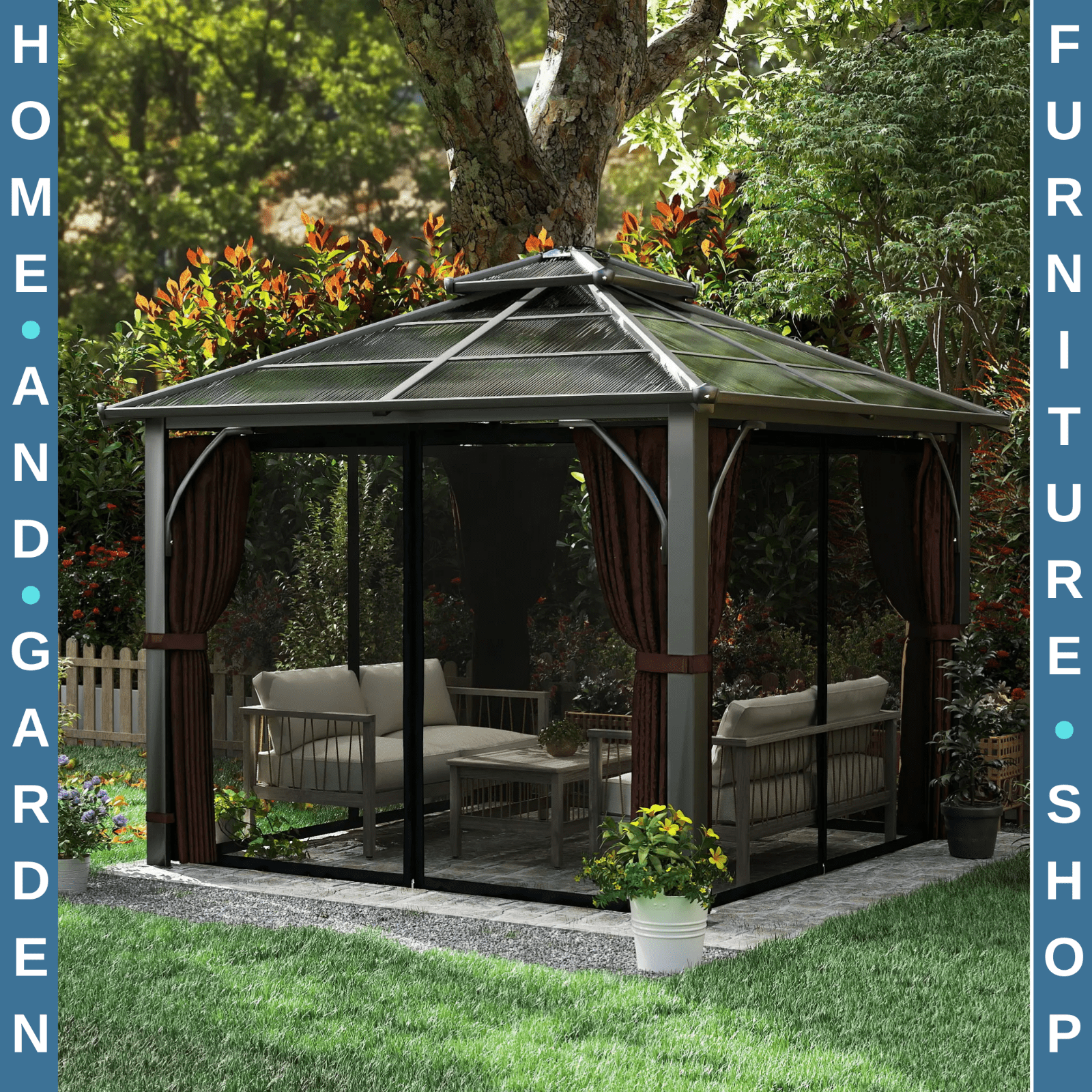 3 x 3m Hardtop Gazebo Polycarbonate Roof Sides Curtains Garden Pavilion Brown - Home and Garden Furniture Shop - #rustic - furniture#