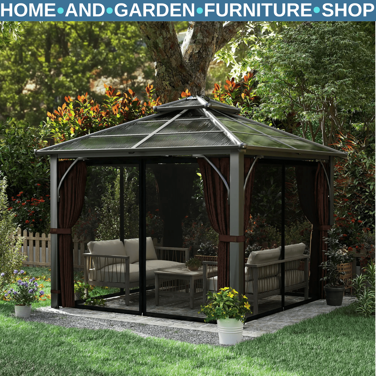 3 x 3m Hardtop Gazebo Polycarbonate Roof Sides Curtains Garden Pavilion Brown - Home and Garden Furniture Shop - #rustic - furniture#