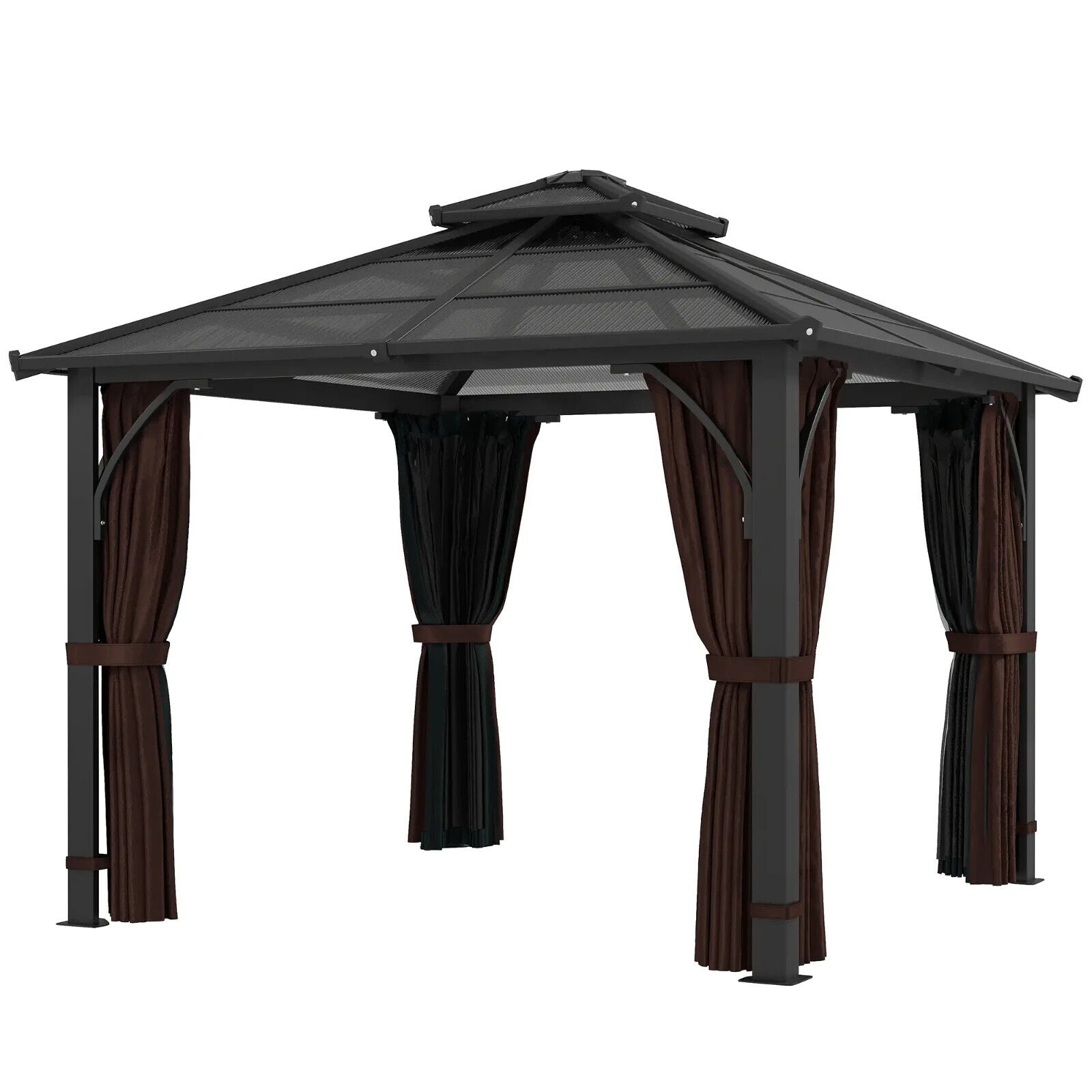 3 x 3m Hardtop Gazebo Polycarbonate Roof Sides Curtains Garden Pavilion Brown - Home and Garden Furniture Shop - #rustic - furniture#