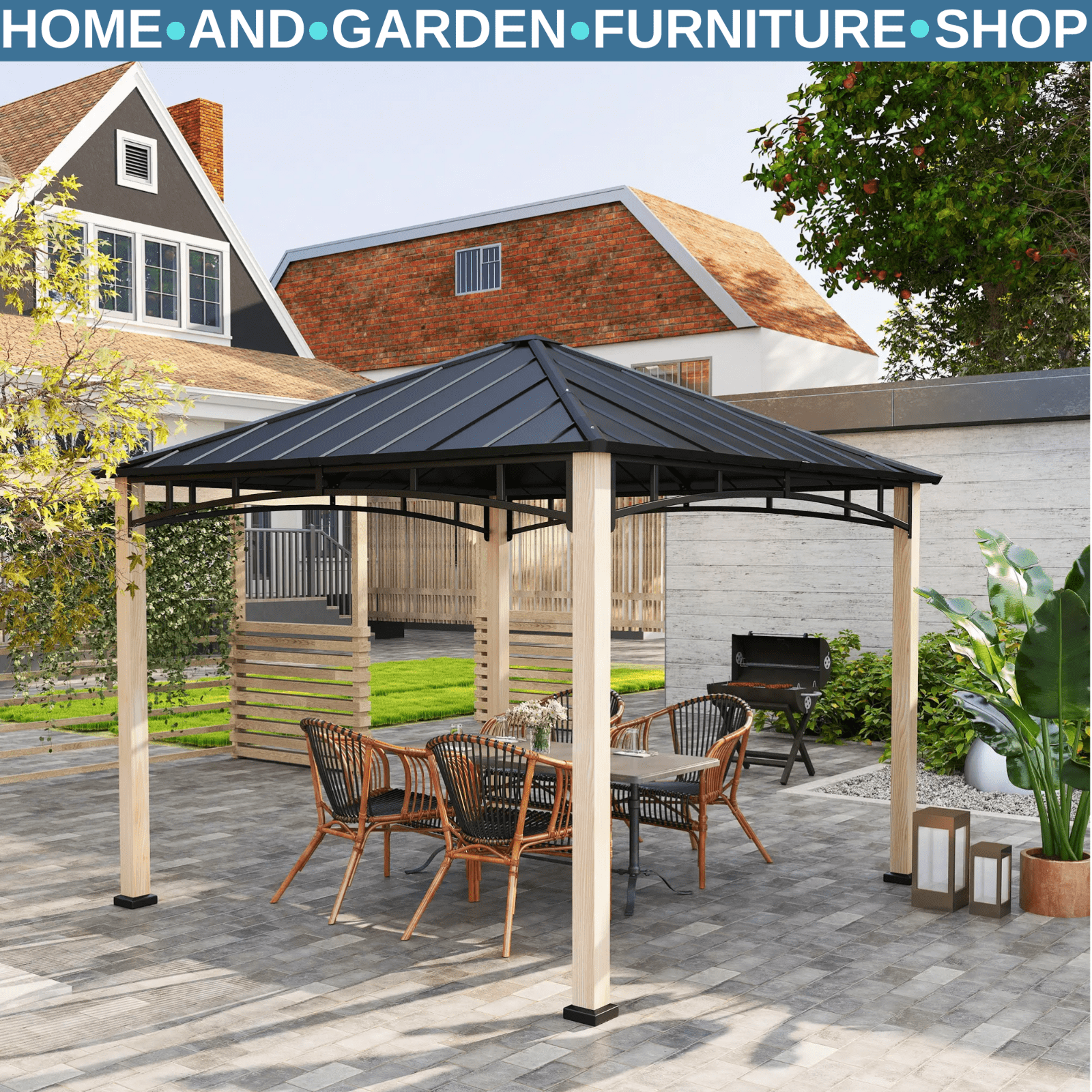 3 x 3m Hardtop Gazebo with Metal Roof Patio Garden Shelter Outdoor Metal Gazebo - Home and Garden Furniture Shop - rustic - furniture