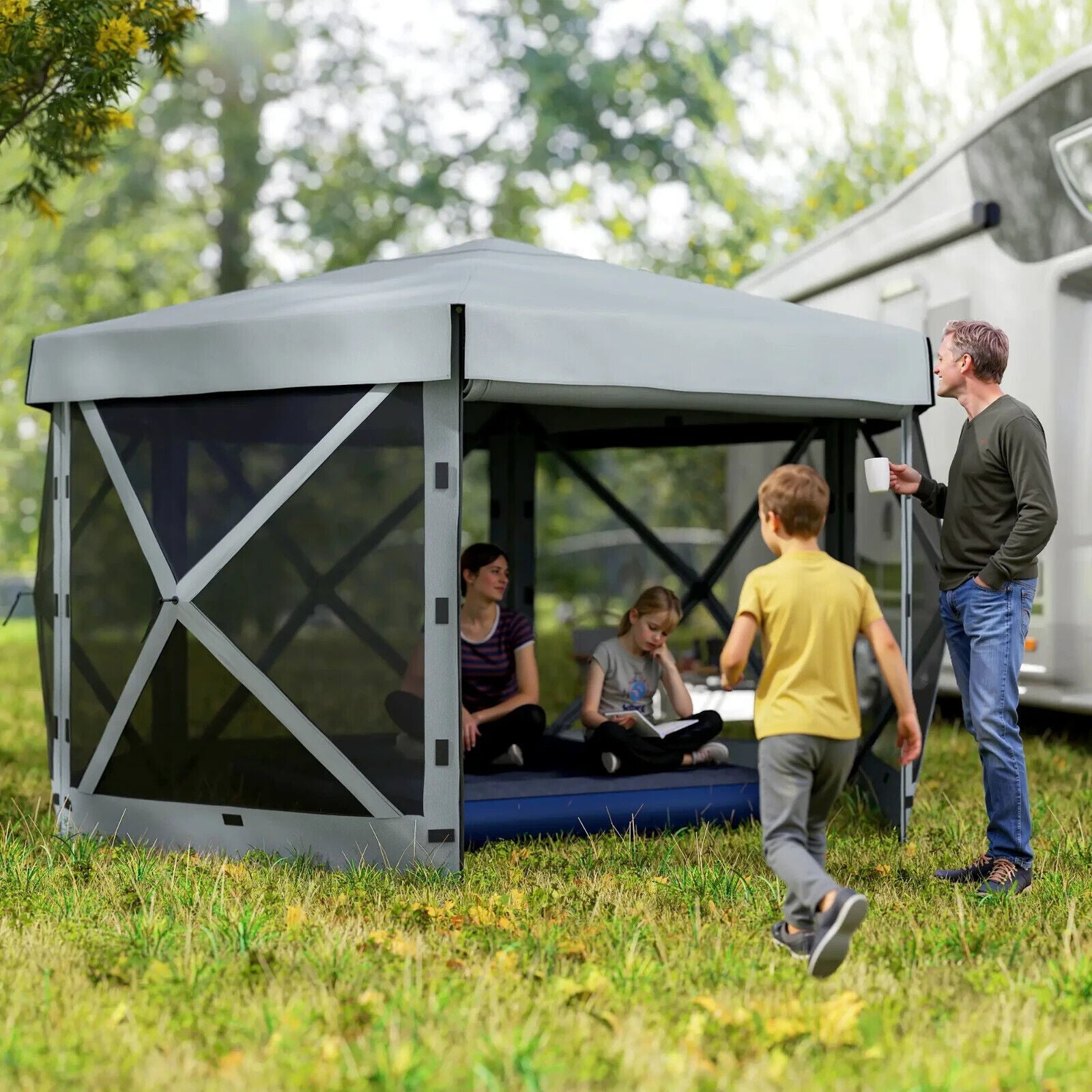 3 x 3m Hexagon Pop Up Gazebo with 5 Sides Netting Outdoor Marquee Camping Cover - Home and Garden Furniture Shop - #rustic - furniture#
