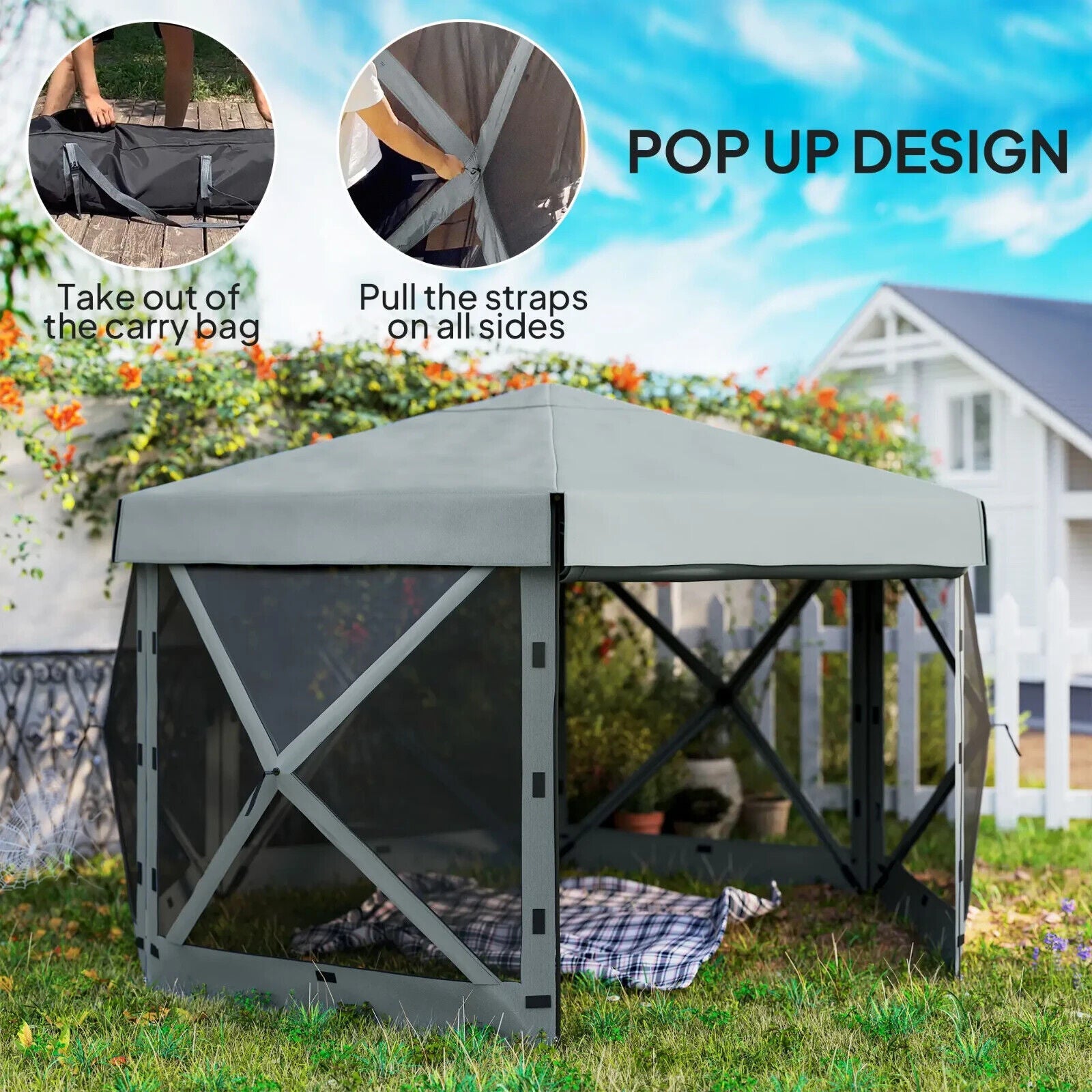 3 x 3m Hexagon Pop Up Gazebo with 5 Sides Netting Outdoor Marquee Camping Cover - Home and Garden Furniture Shop - #rustic - furniture#