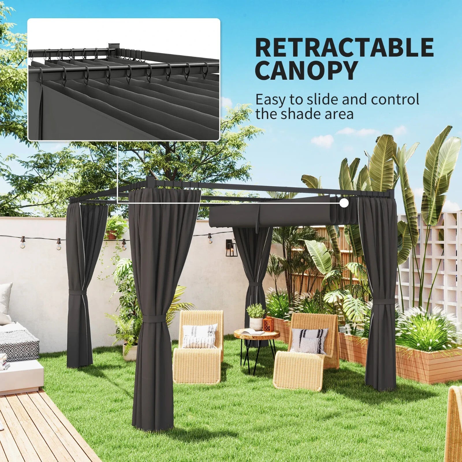 3 x 3m Metal Pergola with Retractable Roof and Curtains Grey Patio Shade Shelter - Home and Garden Furniture Shop - rustic - furniture