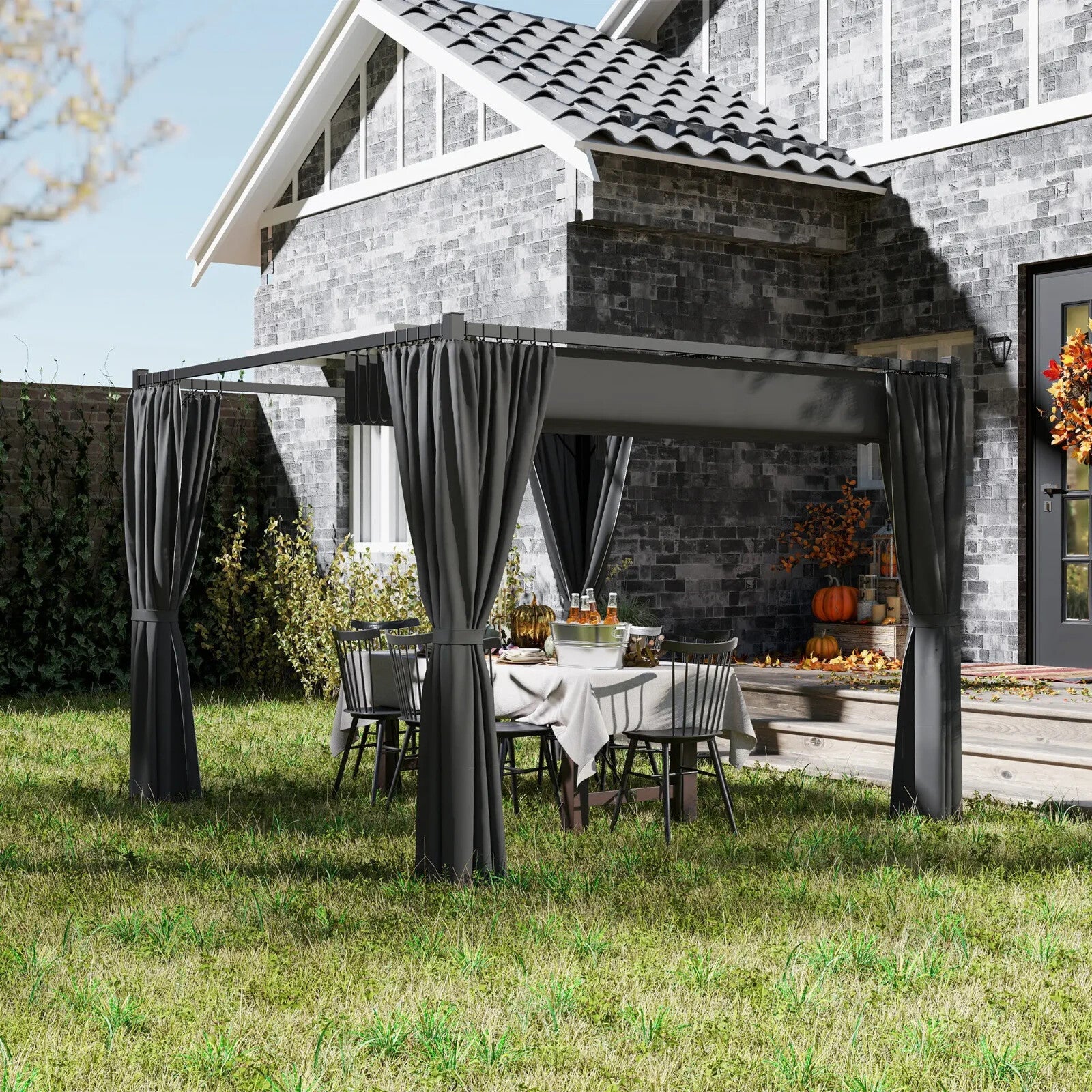 3 x 3m Metal Pergola with Retractable Roof and Curtains Grey Patio Shade Shelter - Home and Garden Furniture Shop - rustic - furniture
