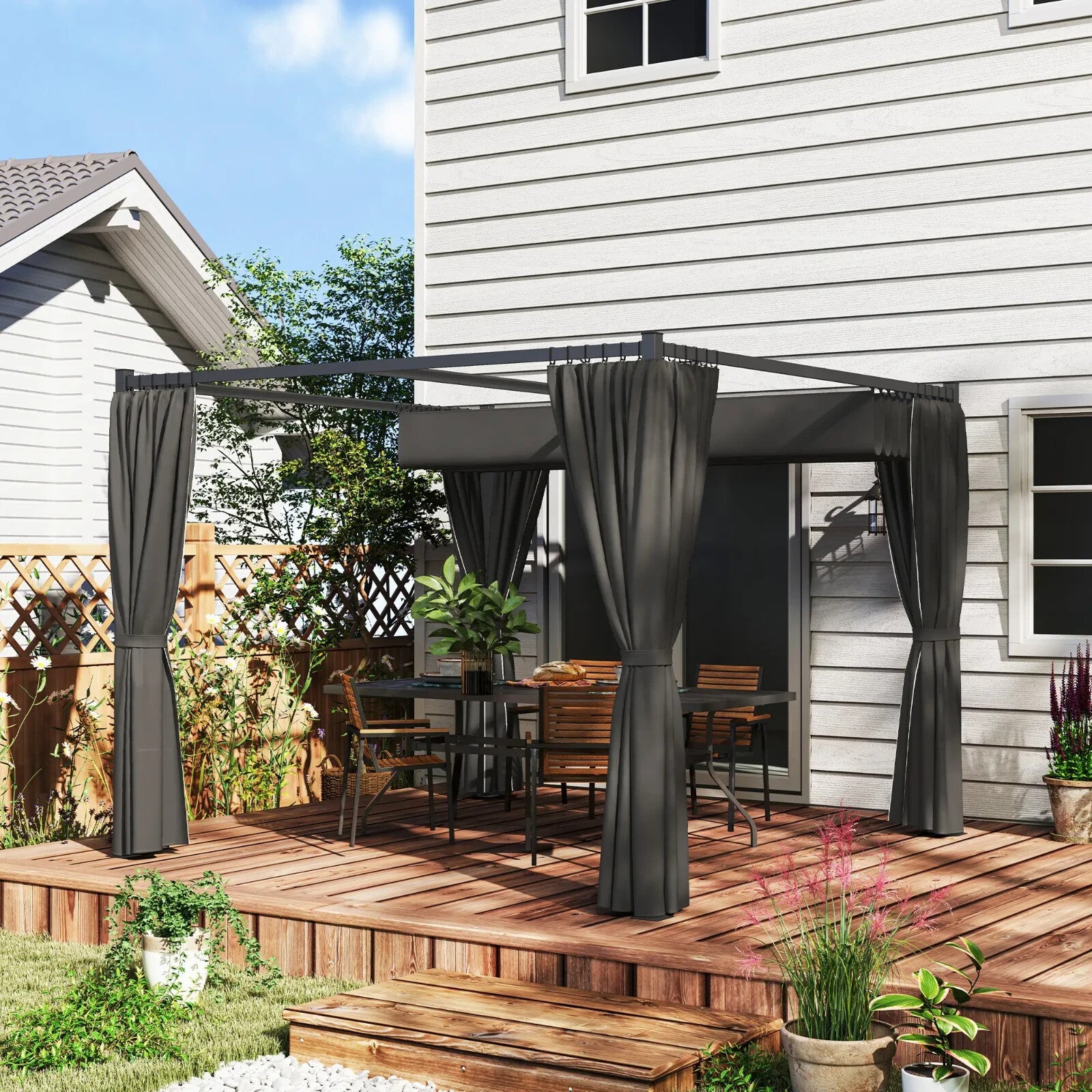 3 x 3m Metal Pergola with Retractable Roof and Curtains Grey Patio Shade Shelter - Home and Garden Furniture Shop - rustic - furniture
