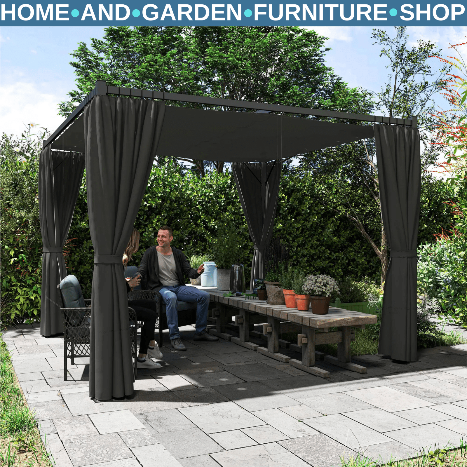 3 x 3m Metal Pergola with Retractable Roof and Curtains Grey Patio Shade Shelter - Home and Garden Furniture Shop - rustic - furniture