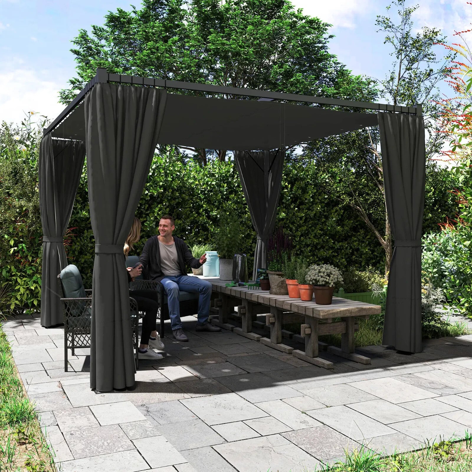 3 x 3m Metal Pergola with Retractable Roof and Curtains Grey Patio Shade Shelter - Home and Garden Furniture Shop - rustic - furniture